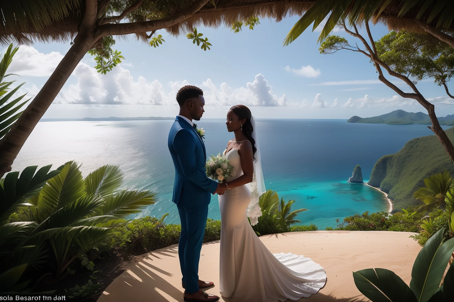 Year: 2021
Country: Solomon Islands
Description: On a stunning cliffside overlooking the ocean, an elegant wedding ceremony takes place. The bride and groom exchange vows against a backdrop of lush greenery and the vast blue sea, with friends and family in attendance dressed in island-inspired formal wear.
