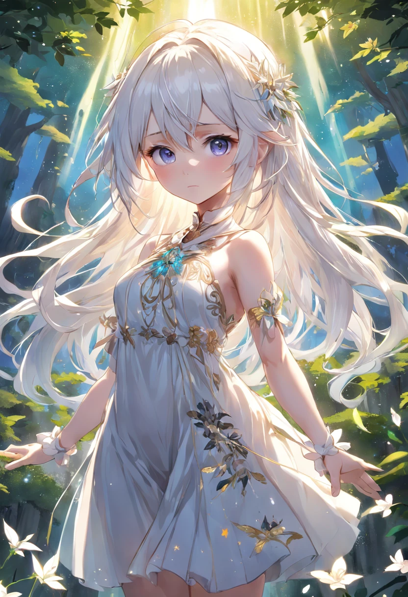 extremely detailed CG unity 16k wallpaper:1.1), (Denoising strength: 1.45), (tmasterpiece:1.37), watercolor, extremely detailed, 1girl, full body, beautiful detailed eyes, cute anime face, full body, beautiful detailed face, white hair, (Botanical illustration:1.5), white dress, god rays, sparkle, glowing light, masterpiece, best quality
