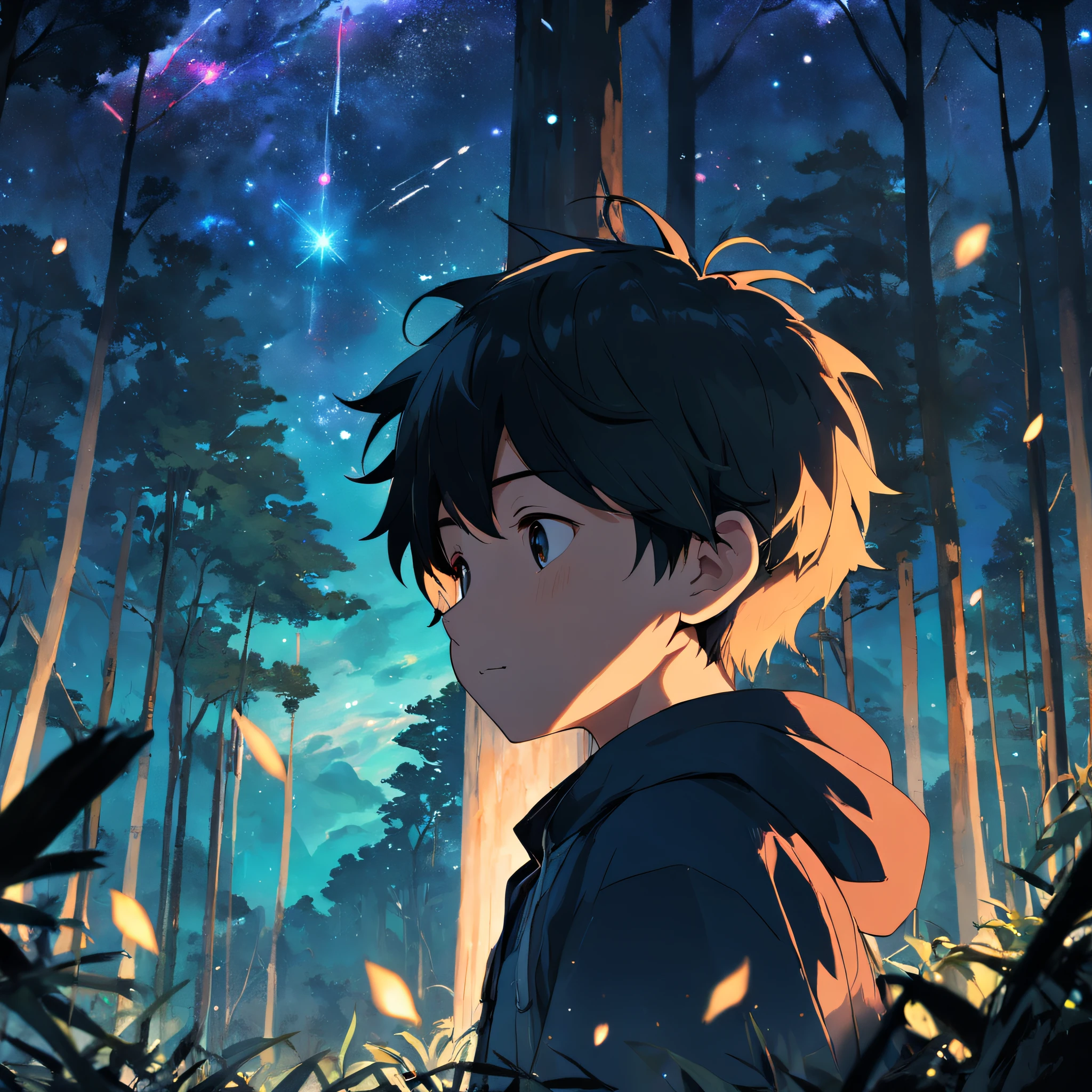 Boy programmaer masterpiece，top-quality，cinematic Film still from，1panda，close-up，boy staring at the stars in the forest，Turn your back on the stars，Starry sky，spark of light