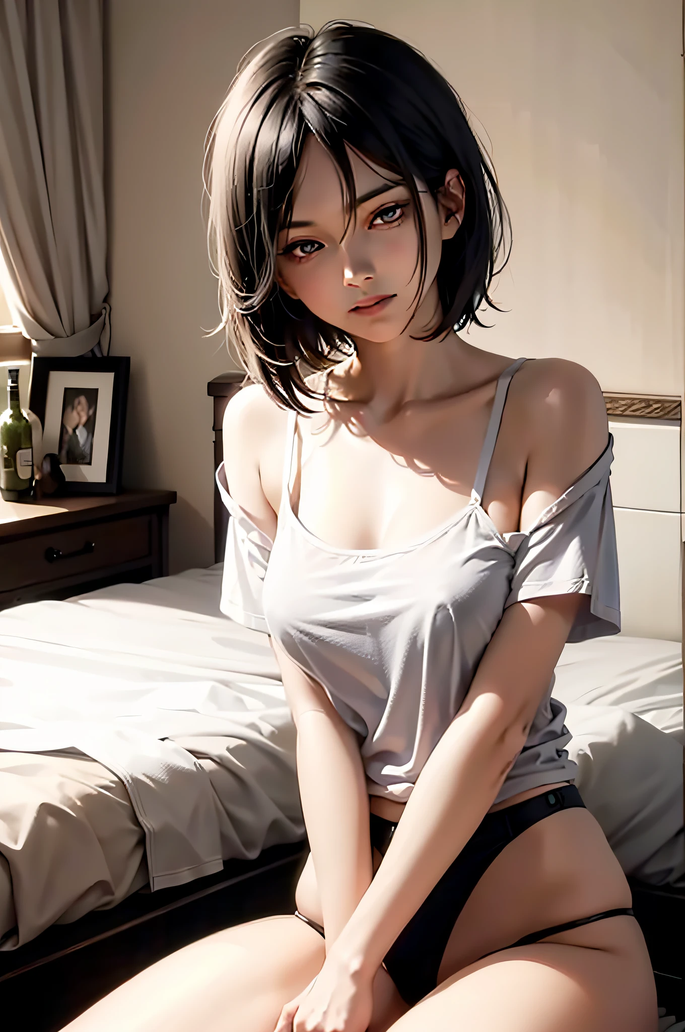 mikasa from the anime Shingeki no Kyojin, short hair, black hair, beautiful, beautiful woman, perfect body, perfect breasts, wearing a large white t-shirt, black panties, in bed, bedroom, mattress, sitting on the bed, looking at the viewer little smile, realism, masterpiece, textured skin, super detail, high detail, high quality, best quality, 1080p, 16k
