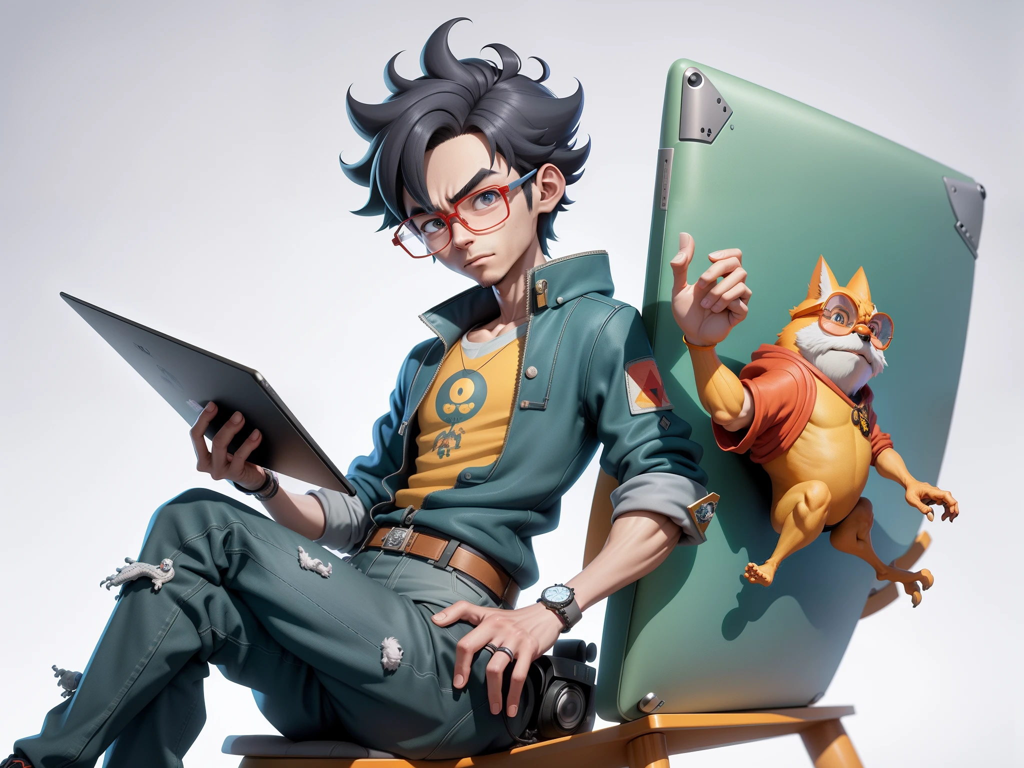 A young man with glasses sits at his desk,holding laptop,digitial painting,3D character design by Mark Clairen and Pixar and Hayao Miyazaki and Akira Toriyama,4K HD illustration,Very detailed facial features and cartoon-style visuals。