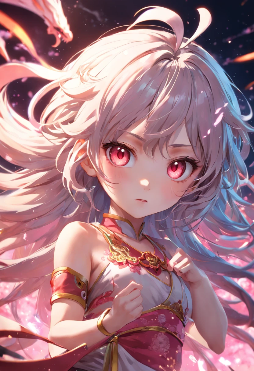 extremely detailed CG unity 16k wallpaper:1.1), (Denoising strength: 1.45), (tmasterpiece:1.37), (ultra-detailed), ((an extremely delicate and beautiful)), (dynamic angle), chinese dragon, china, 1girl, (beautiful detailed eyes), cute pink eyes, green pupil, detailed face, upper body, messy floating hair, disheveled hair, focus, perfect hands, (illustration), god rays, sparkle, glowing light, ((masterpiece)), ((best quality))