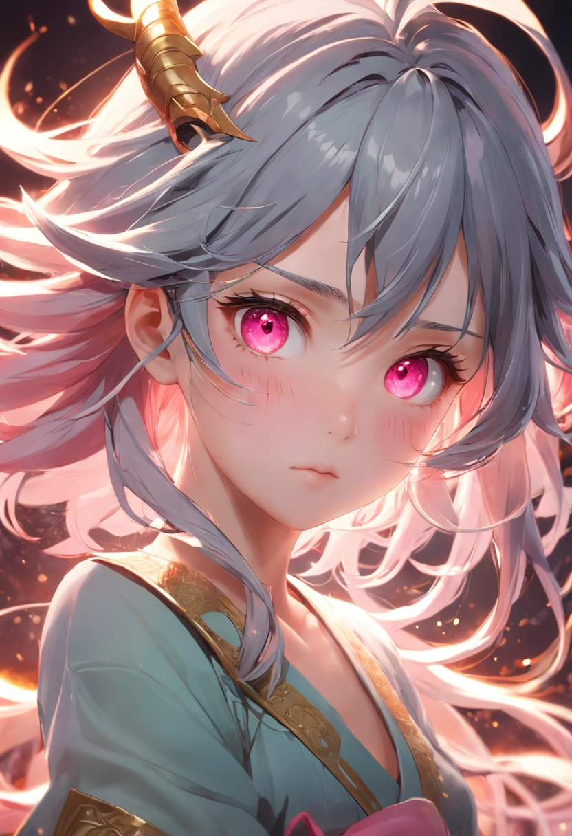 extremely detailed CG unity 16k wallpaper:1.1), (Denoising strength: 1.45), (tmasterpiece:1.37), (ultra-detailed), ((an extremely delicate and beautiful)), (dynamic angle), chinese dragon, china, 1girl, (beautiful detailed eyes), cute pink eyes, green pupil, detailed face, upper body, messy floating hair, disheveled hair, focus, perfect hands, (illustration), god rays, sparkle, glowing light, ((masterpiece)), ((best quality))