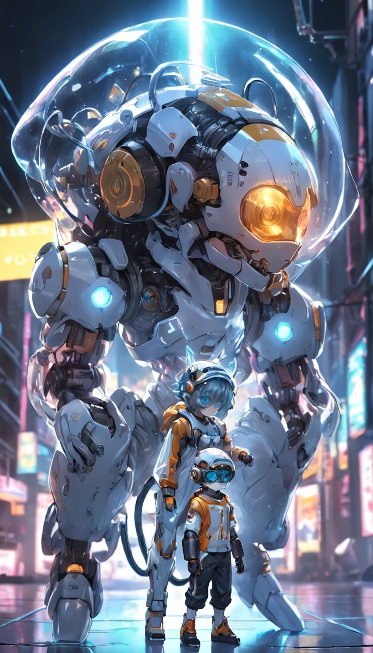 Use the people in the photo I gave,Robotic rats, (Blind box toy style:1.2), (Full body shot) , 1 Transparent Boy,Behind him is a transparent and cute robotic mouse, Transparent mech, Exquisite helmet:1.2, Luminous goggles:1.2, Cyberpunk, dreamy glow, luminous neon lights, Clean, White background, ( Global illumination, Ray traching, hdr, unreal render,reasonable design, high detal, Masterpiece, Best quality, hyper HD, Cinematic lighting)