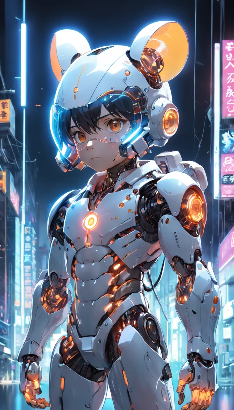 Use the people in the photo I gave,Robotic rats, (Blind box toy style:1.2), (Full body shot) , 1 Transparent Boy,Behind him is a transparent and cute robotic mouse, Transparent mech, Exquisite helmet:1.2, Luminous goggles:1.2, Cyberpunk, dreamy glow, luminous neon lights, Clean, White background, ( Global illumination, Ray traching, hdr, unreal render,reasonable design, high detal, Masterpiece, Best quality, hyper HD, Cinematic lighting)