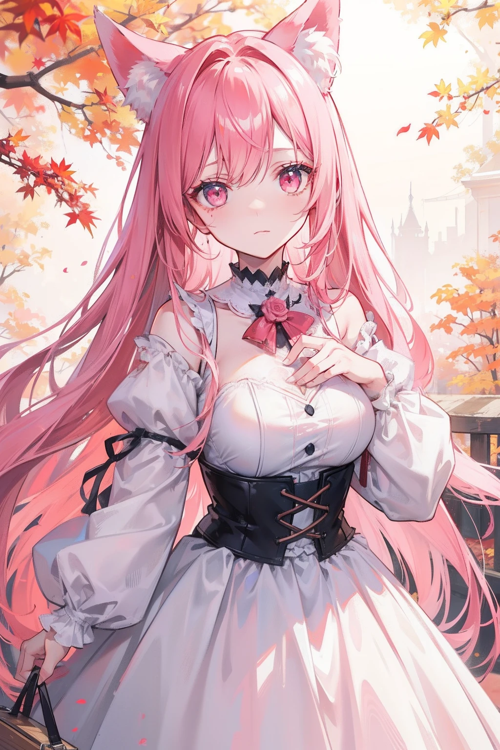 Extreme graphics, rose hair,hairlong,Adult girl,pink fox ears,side glance,with pink eyes,flushed cheeks,Shy,Feature painting,Look into the distance,Affectionate look,bust,starry,whitedress,Bad milk,Clothes without breasts,Face to the right,high detailed eyes, high picture quality, High graphics pictures, Highly detailed eyes,autumn, Autumn theme, In the background is an autumn landscape