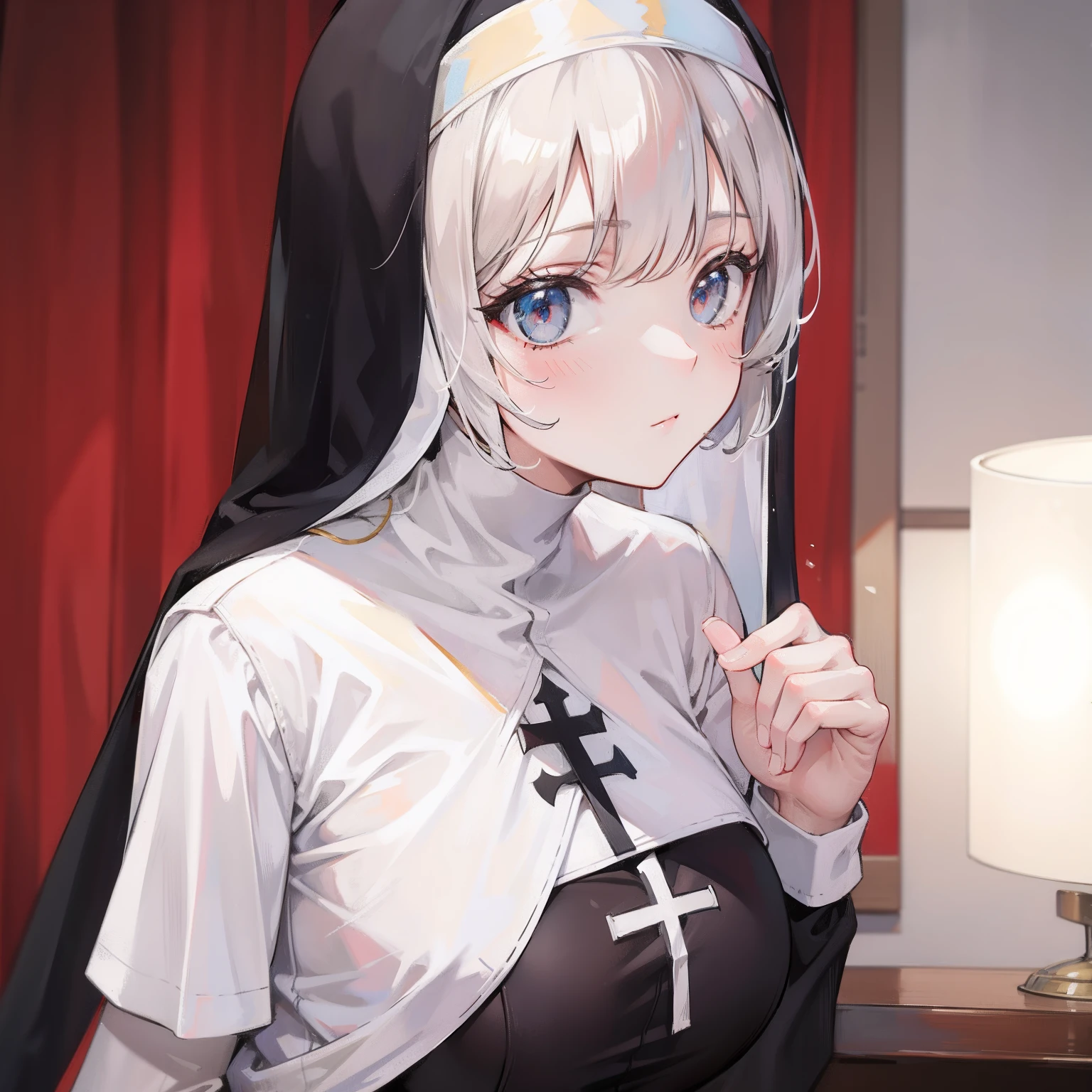 (masterpiece, best quality), intricate details, 1girl, (li), white hair, white eyes, nun, nun robes, flat chest, ((white robe)),