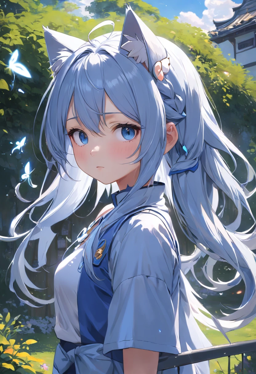 extremely detailed CG unity 16k wallpaper:1.1), (Denoising strength: 1.45), (tmasterpiece:1.37), original, (extremely fine and beautiful), perfect detailed, (beautiful and clear background:1.25), (1 cute girl with (cat ear and cat tail:1.2) stands in the garden:1.1), (cute:1.35), (detailed beautiful eyes:1.3), (beautiful face:1.3), casual, silver hair, silver ear, (blue hair:0.8), (blue ear:0.8), long hair, coat, short skirt, hair blowing with the wind, (blue eye:1.2), flowers, ( girl:0.65), butterflys flying around, (illustration), photorealistic, (depth of field:0.7), god rays, sparkle, glowing light, (masterpiece)