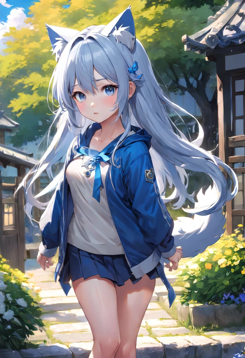 extremely detailed CG unity 16k wallpaper:1.1), (Denoising strength: 1.45), (tmasterpiece:1.37), original, (extremely fine and beautiful), perfect detailed, (beautiful and clear background:1.25), (1 cute girl with (cat ear and cat tail:1.2) stands in the garden:1.1), (cute:1.35), (detailed beautiful eyes:1.3), (beautiful face:1.3), casual, silver hair, silver ear, (blue hair:0.8), (blue ear:0.8), long hair, coat, short skirt, hair blowing with the wind, (blue eye:1.2), flowers, (little girl:0.65), butterflys flying around, (illustration), photorealistic, (depth of field:0.7), god rays, sparkle, glowing light, (masterpiece)