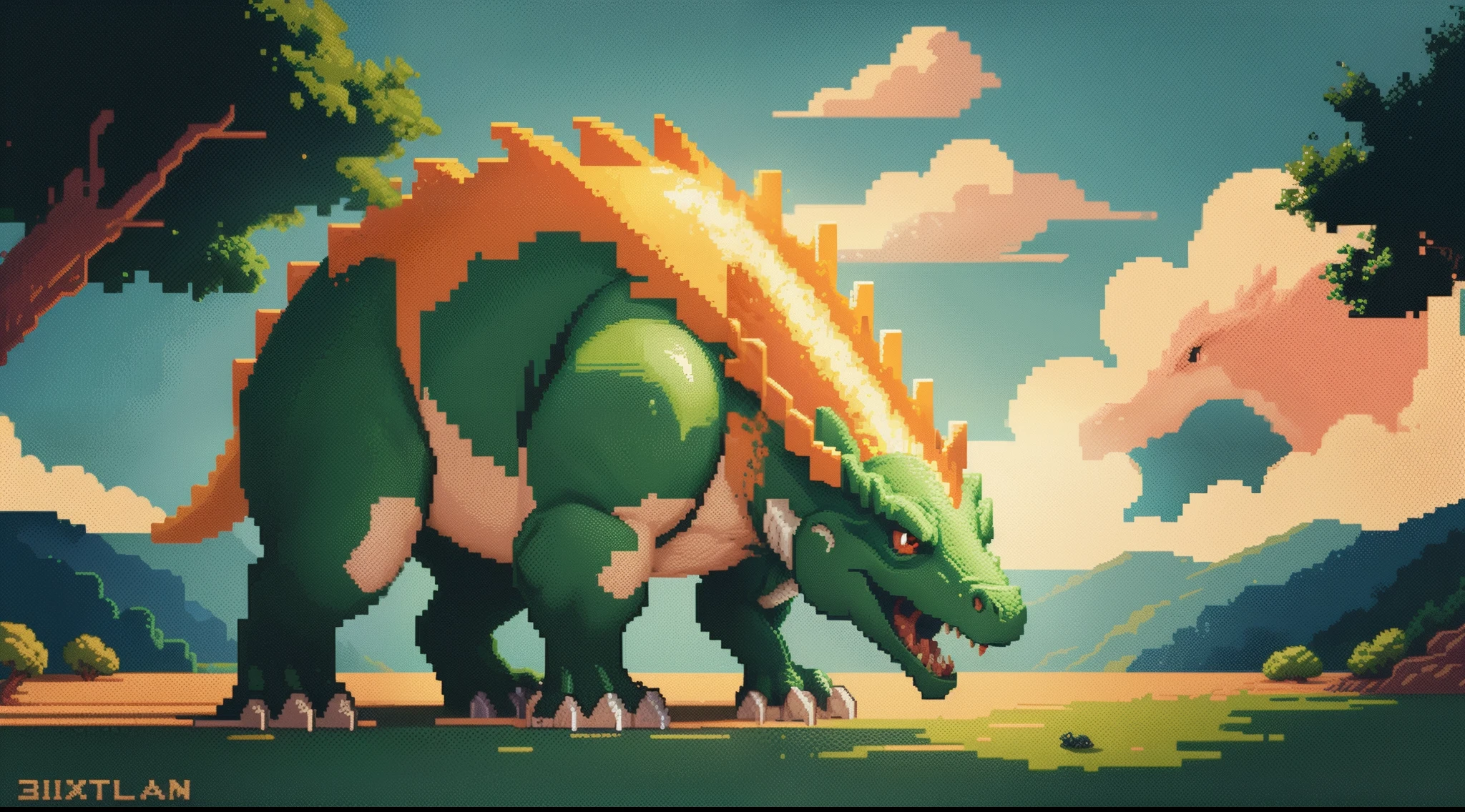 Dinosaur pixel image close-up,Cute dinosaurs，Two people riding on dinosaurs，1:1 Cephalic body，Dragon pixel art, 1 0 0 0 x 1 0 0 0 pixel art, pixel art sprite, videogame sprite, high quality pixel art, Pixel art vintage Digimon bitmap, For red and blue Digimon, Pixel uh, 32-bit pixel art, vintage art, pixel art 8 - bit, pixelart style，The colors are bright，High saturation of colors