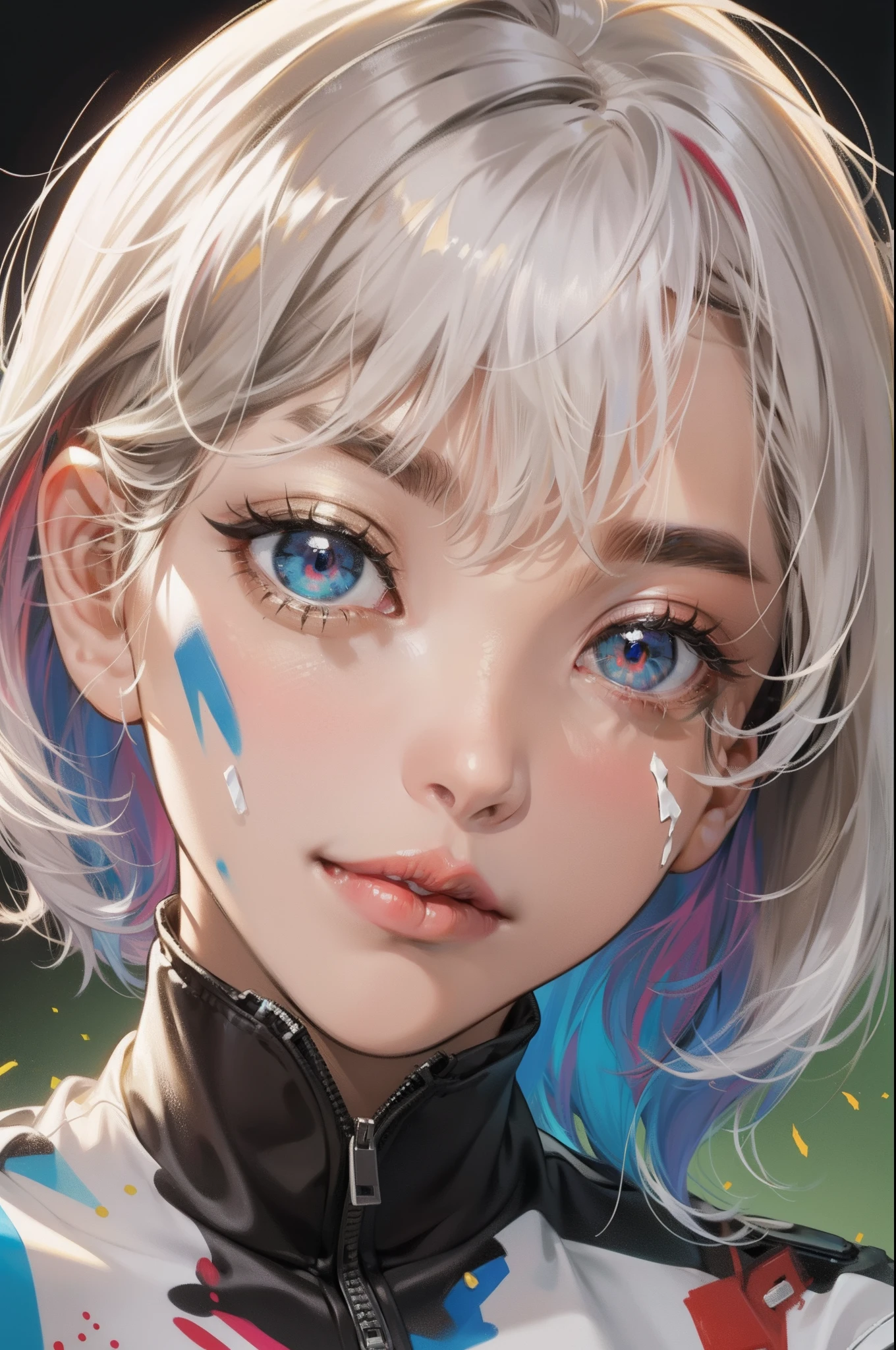 close up shot, eye close up, ((masterpiece)), ((ultra-detailed)), pixiv, best shadows, best lighting, best quality, cinematic shot, 1girl, solo, bangs, black background, paint, portrait, short hair, blunt bangs, parted lips, paint splatter, ((two-tone hair)), looking at viewer, white hair, ((colorful eyes)), paint splatter on face, chromatic aberration, simple background
