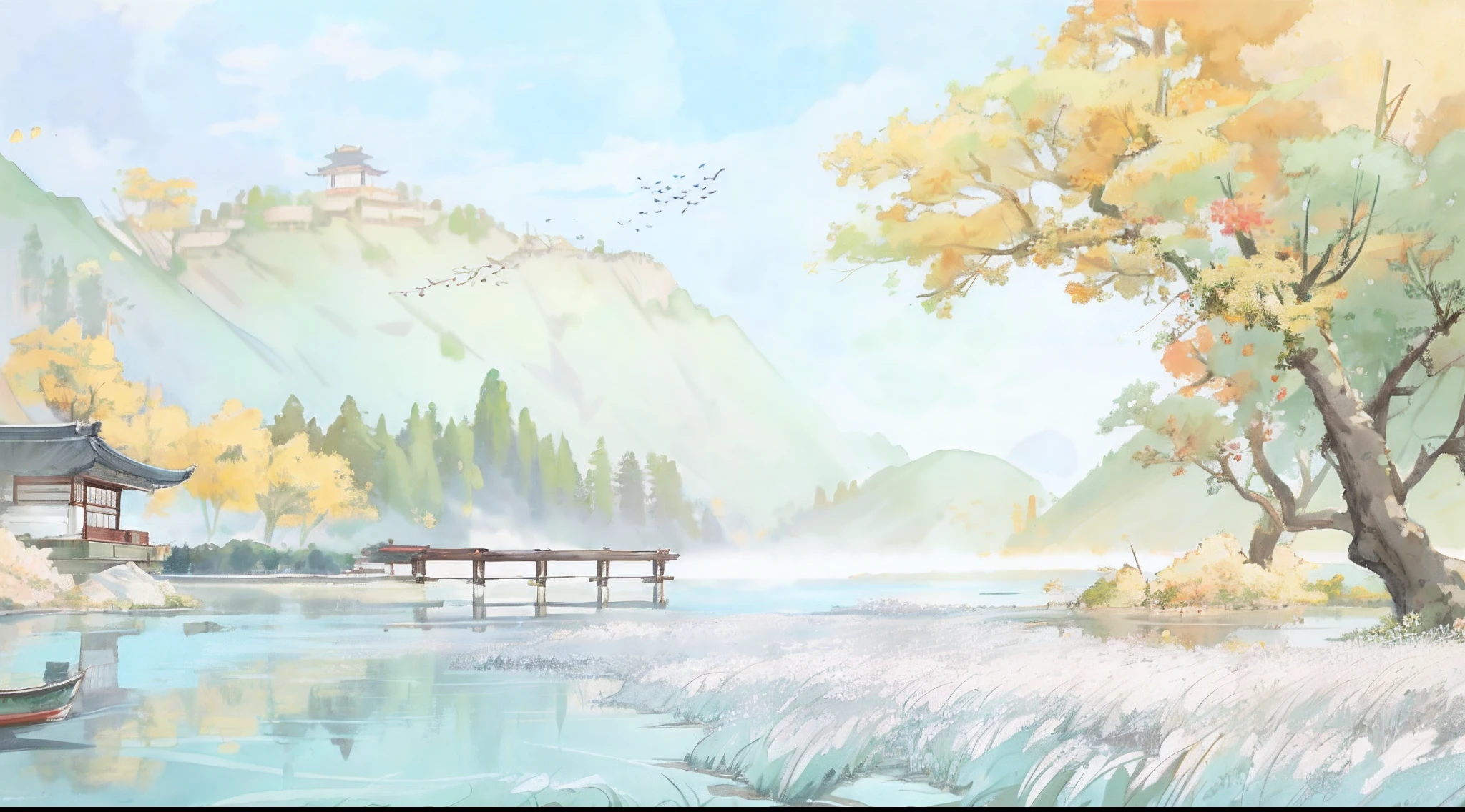 ultraclear,Need,Ultra clear scenery,There is a painting of a boat on the lake,In the background is a pagoda, background artwork, arte de fundo, Detailed scenery —width 672, landscape artwork, inspired by Makoto Shinkai, inspired by Ryōhei Koiso, Anime landscape, serene post-nuclear background,, anime countryside landscape, serene illustration, peaceful scenery, inspired by Josetsu