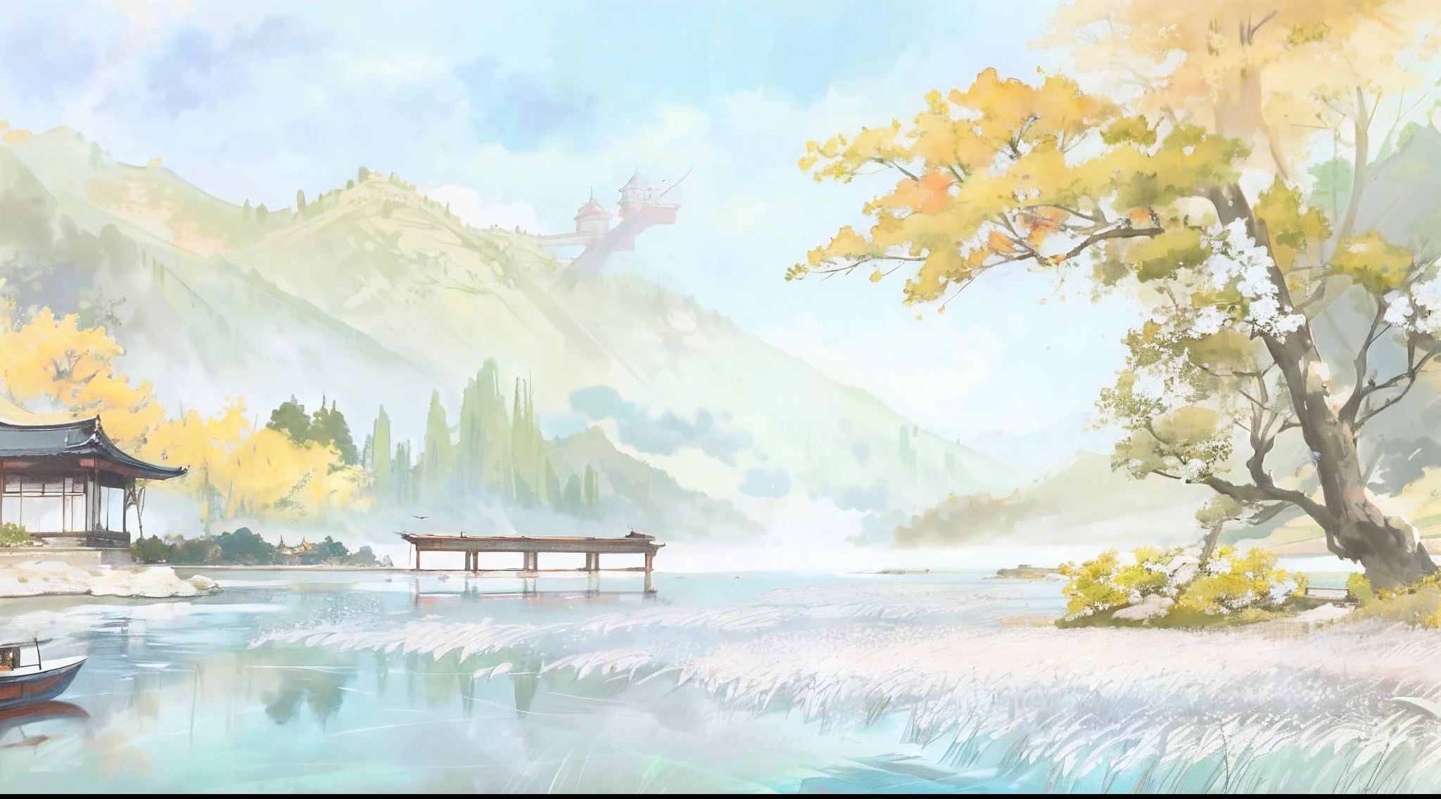 ultraclear,Need,Ultra clear scenery,There is a painting of a boat on the lake,In the background is a pagoda, background artwork, arte de fundo, Detailed scenery —width 672, landscape artwork, inspired by Makoto Shinkai, inspired by Ryōhei Koiso, Anime landscape, serene post-nuclear background,, anime countryside landscape, serene illustration, peaceful scenery, inspired by Josetsu
