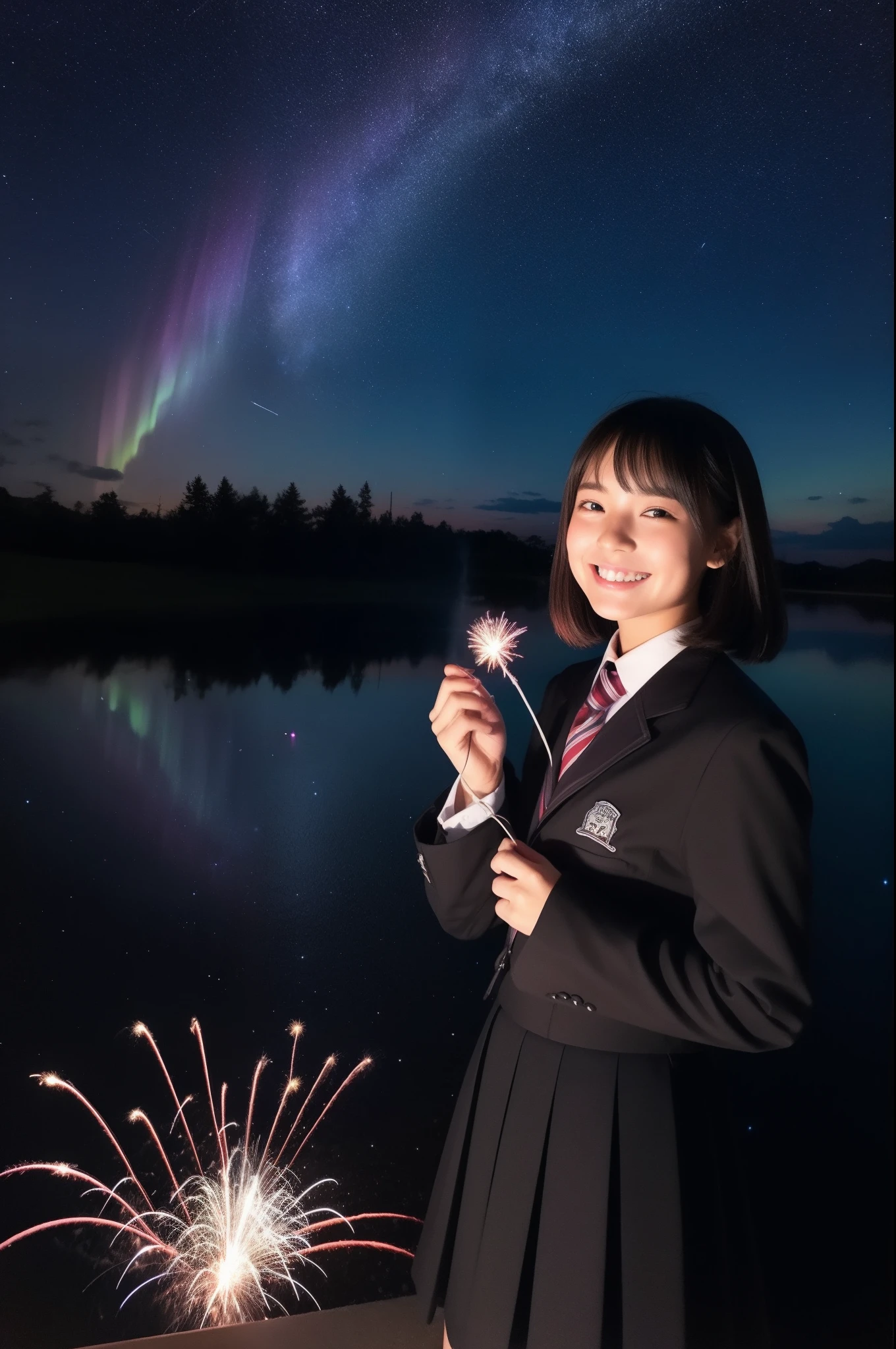 A smile、hi-school girl、校服、While doing fireworks、starrysky、Aurora