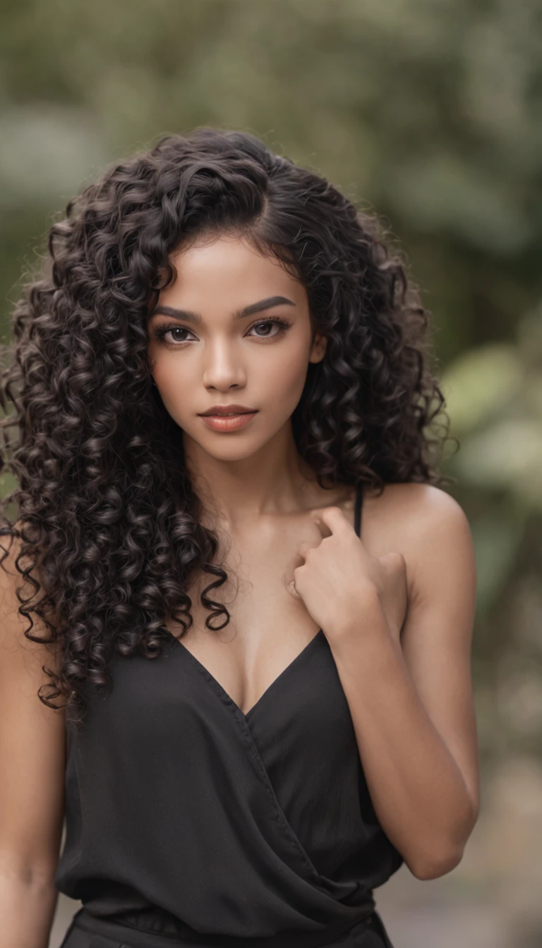 A beautiful and amazing black Brazilian woman,portrait of upper body,Free curls, Black curly hair, (dark shorter curly hair), Wild black long curly hair, multiversal hair, Brazilian, Short black curly hair, Curly black hair, Curls, wavy hair spread out, Baroque curls, curlies, curly, Fair curly hair, Hair texture, curly bang