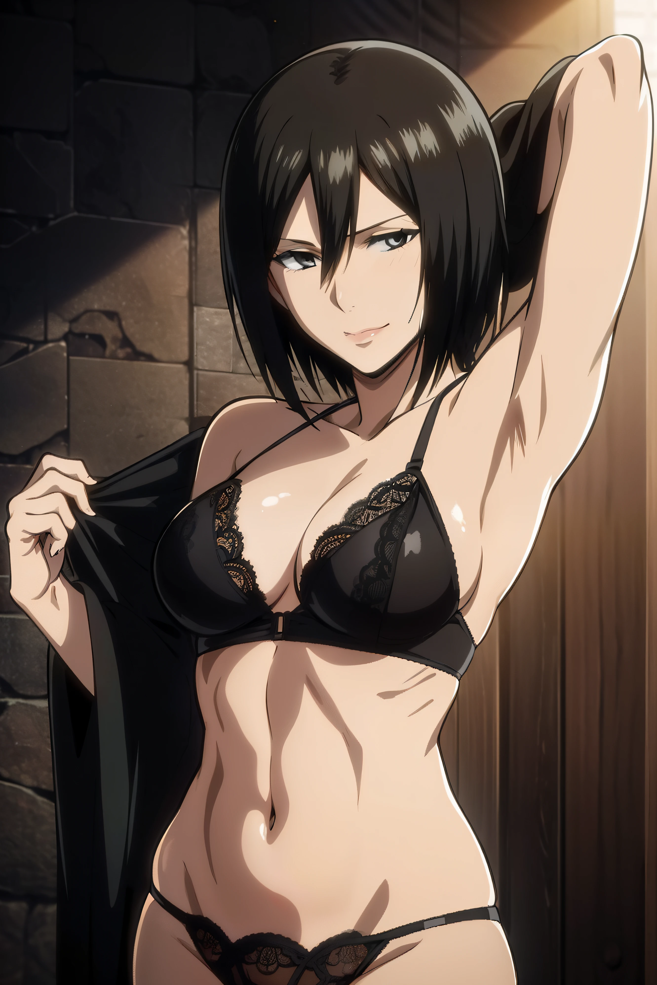 Dazzling, Armpits, intricate detailes, 1girl in, Mikasa Ackerman, (A dark-haired:1.3), hair between eye, short-haired, sideburns, s lips, shut, Yui, s lips, ​masterpiece, best qualtiy, , Bathing, hason, Baezon, Black eyes, , Black eyes, muscle, medium breasts, smil、Black underwear、Lace underwear、Lace erotic underwear figure