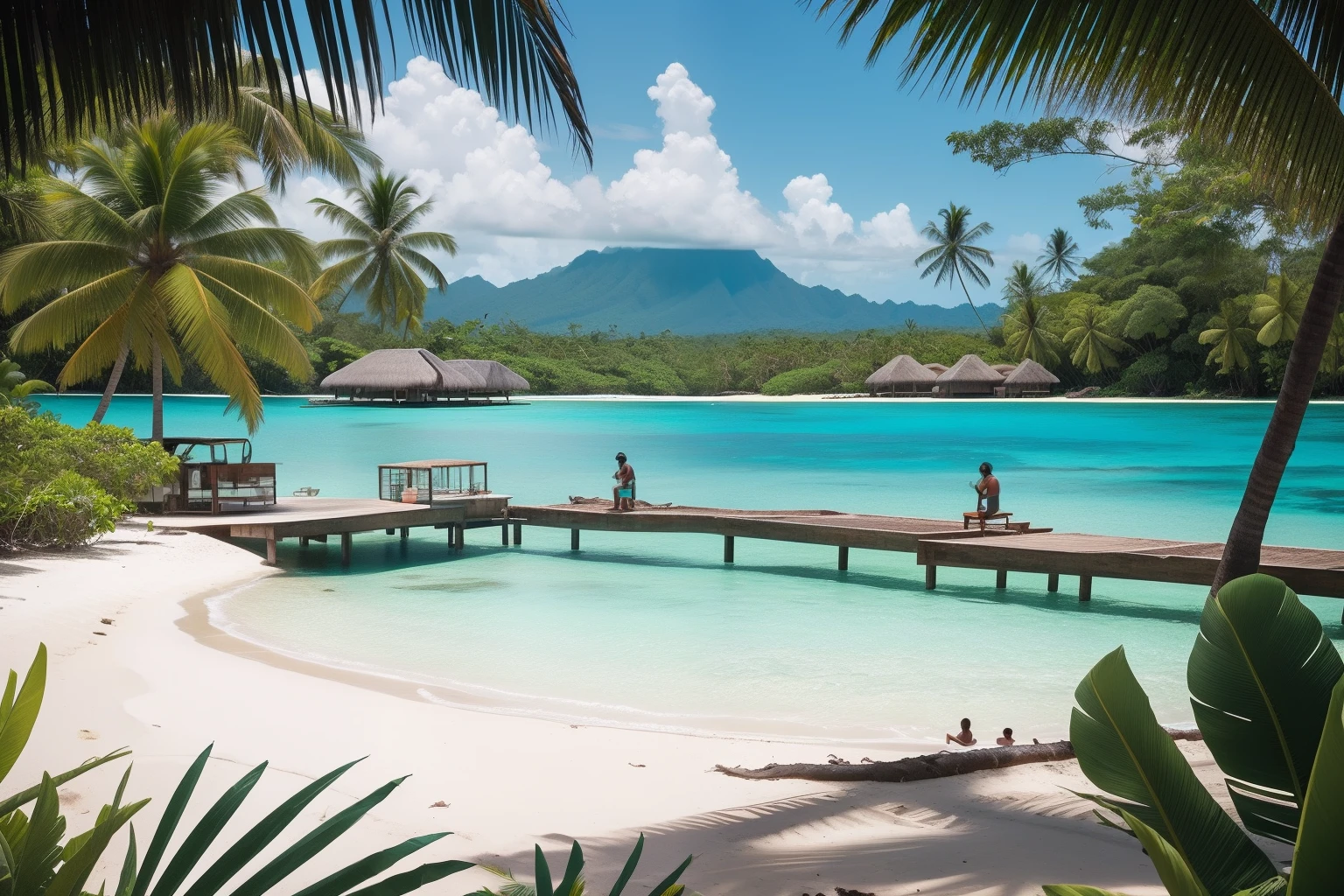 year: 2019
Country: Solomon Islands
Description: In a remote island resort, Un grupo de viajeros se relaja en coloridos bungalows enclavados entre palmeras y aguas cristalinas. Se dedican al snorkeling, kayakismo, y paseos tranquilos por la playa.
