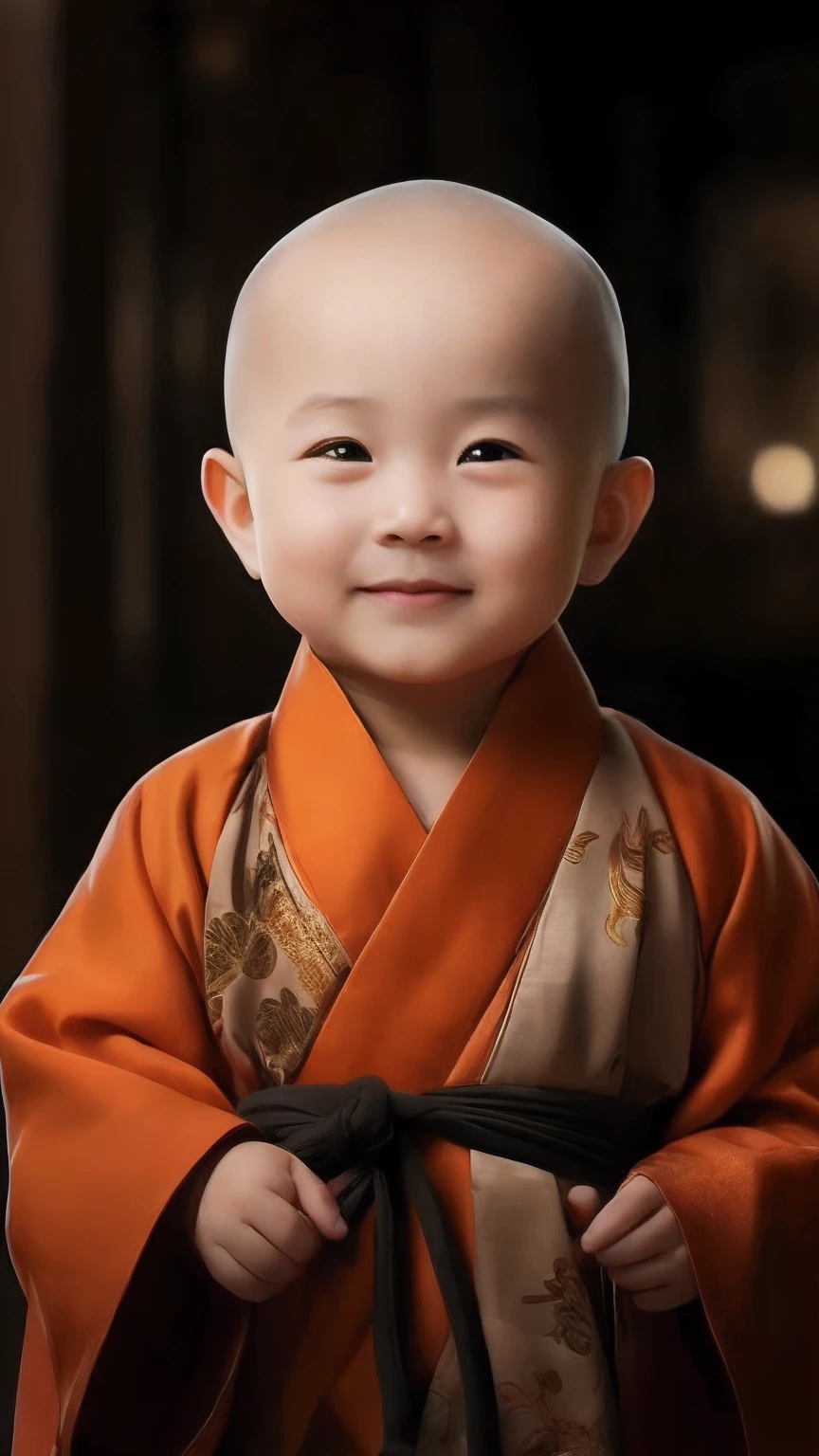 Close-up of a bald child in a robe, lovely digital painting, monk clothes, ancient japanese monk, high quality portrait, buddhist monk, portrait of monk, Buddhist, monk, wearing brown robes, cute portrait, portrait shooting, 2 1 st century monk, dressed in simple robes, Cute boy, Innocent smile, Chinese traditional, Yan, wearing a long flowing robe