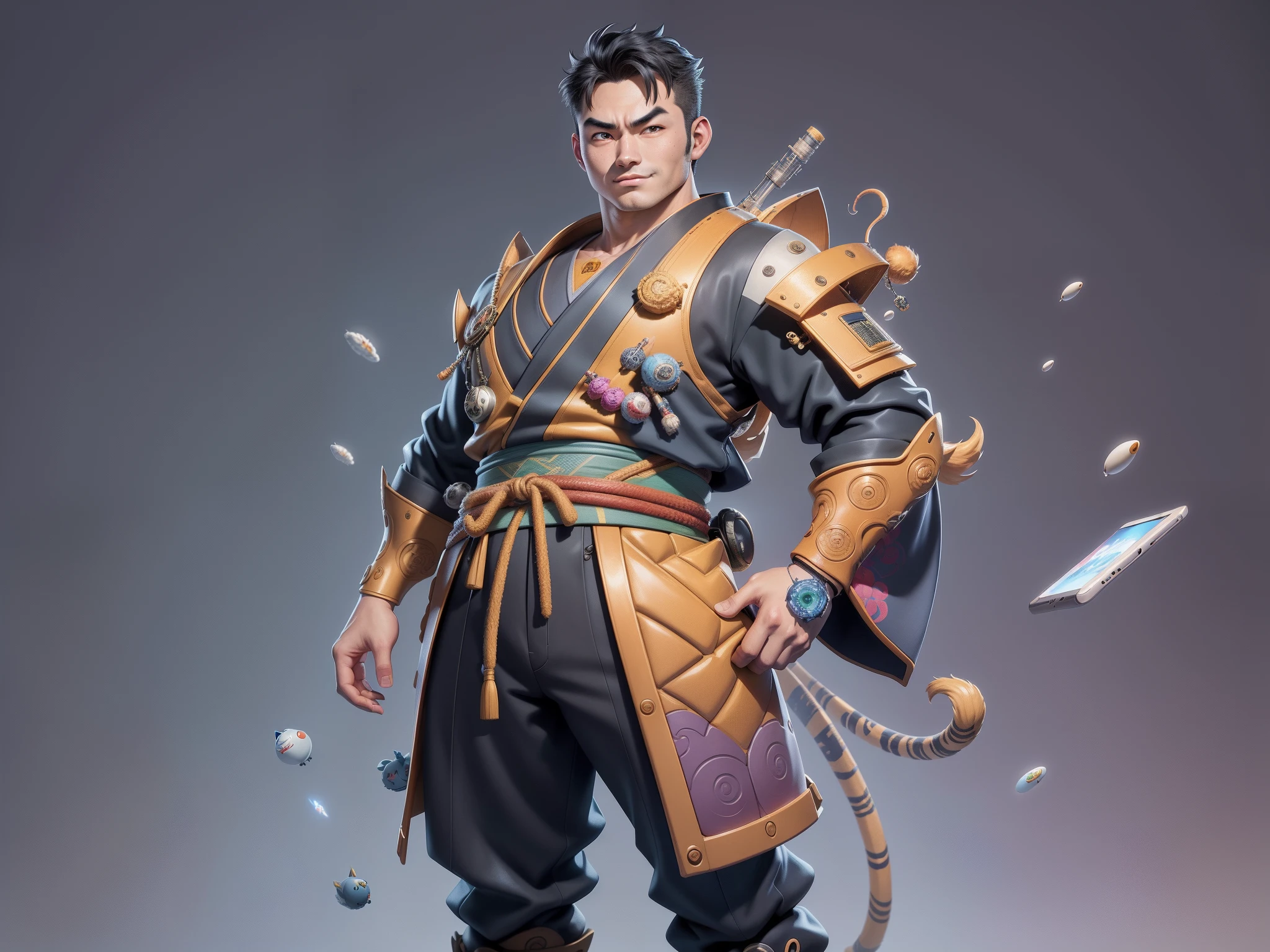 (Masterpiece), (Excellent), (Super Meticulous), (Full Body: 1.2), Super Young Man, Oriental Face, Japanese Kimono, Japanese Wind Thunder God, Dragon, Tiger, TV Anchor, Bust Portrait Illustration, Alone, Black Suit, Blue Tie, Slightly Chubby Face, Very Clean Face, No Beard, Black Super Short Hair, Black Eyes, Confident Smile, 3c Computer Sub-Products, iPad, iPhone, Digital Painting, 3D Character Design by Akira Toriyama and Mark Claireden and Pixar and Hayao Miyazaki, The illustration is a high-definition illustration in 4K resolution with very detailed facial features and cartoon-style visuals.