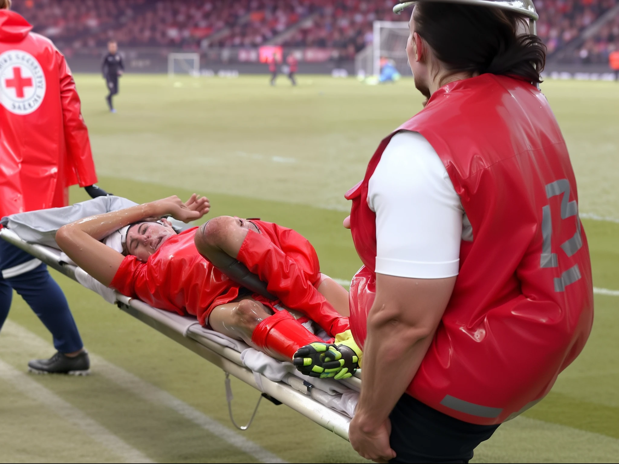 There are two madeup women I shiny and wetlook outfits carrying a stretcher on a sports ground, there is a slightly bearded and attractive young male sportsman lying injured on a stretcher with a very painful expression, there is a sportsman lying on his back on a stretcher and covers his painful looking face with his hands, there are women in wetlook laquered outerwear carrying a man on a stretcher in a sports stadium, there is a man on a stretcher being carried by two very madeup women, there is a bearded soccer-player lying on a stretcher, there is a soccer-player on a stretcher with his hands over his face, a soccer-player is lying on a stretcher and has put his hands over his face, soccer, football, eros, erotic, sex scene, erotic pose, women with erotic face expressions, women with orgasmic moaning faces, women moaning with sexual pleasure, injured, very professional, very sad, 2717433015, 3 4 5 3 1, 555400831, viral photo, photo shot, interesting composition, adventure playground accident
There are two madeup women carrying a stretcher, there is a woman in a wetlook laquered downcoat, a woman in a high-shine downcoat, there is a greyhaired woman in a red leather-suit, there is a man on a stretcher being carried by two very madeup women, there is a bearded soccer-player lying on a stretcher, there is a soccer-player on a stretcher with one hand over his face, a soccer-player is lying on a stretcher and has put one hand over his face, football hooligans, injured, good graphic, warm sunshine, very professional, very sad, 2717433015, 3 4 5 3 1, 555400831, viral photo, photo shot, interesting composition, adventure playground accident