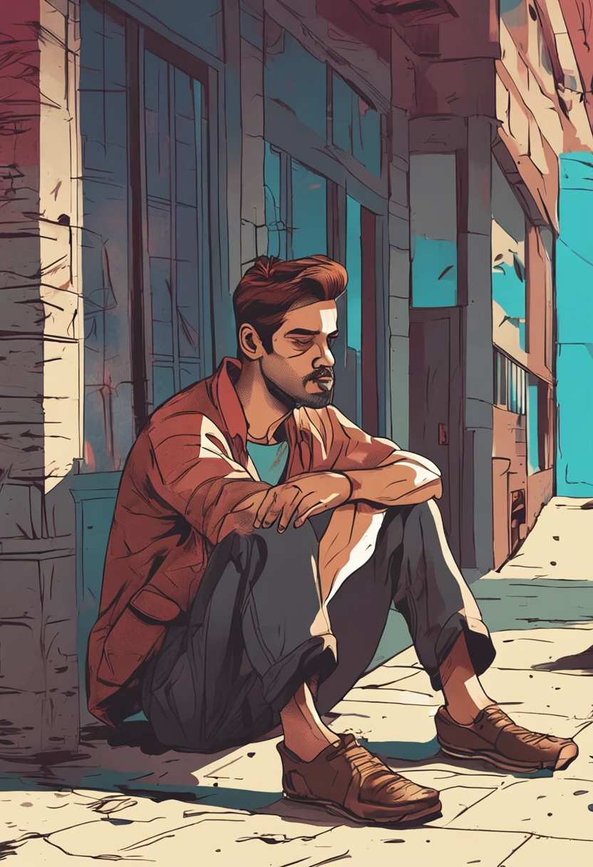 Generate an image of a person with a sad and weary expression, conveying the emotions of financial distress. Capture the scene as they look downtrodden and tired due to their lack of funds, reflecting the challenges and burdens of their situation
