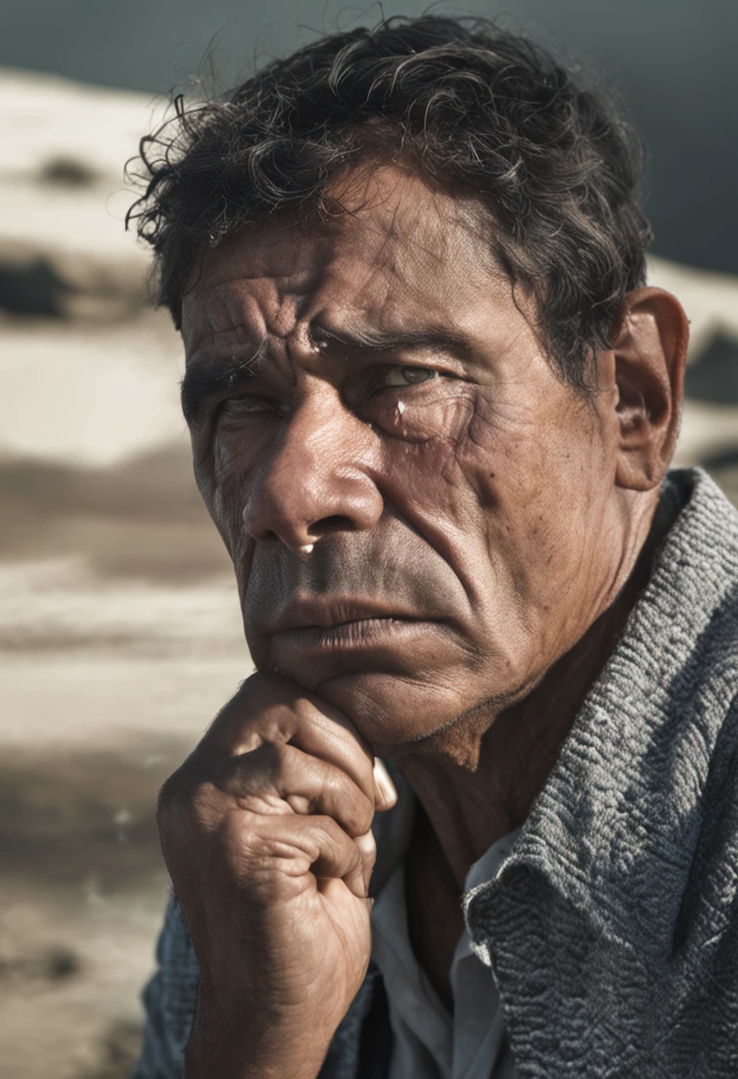 Generate an image of a person with a sad and weary expression, conveying the emotions of financial distress. Capture the scene as they look downtrodden and tired due to their lack of funds, reflecting the challenges and burdens of their situation