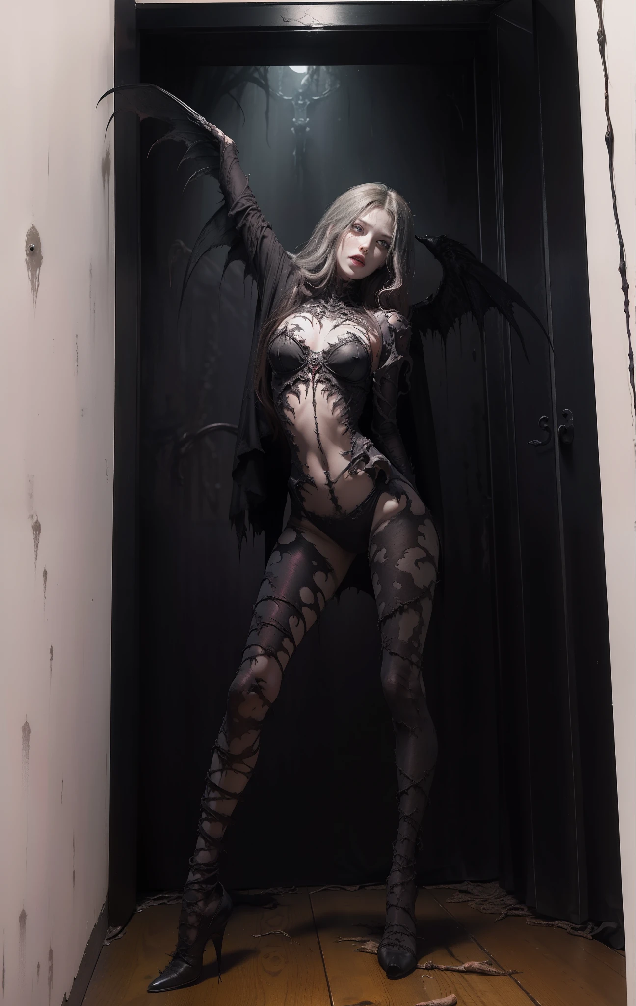 Fine matte painting, skeleton dark angel big wings haunted castle on drawing table full of knives, horror, spookiness, scary, secret horror, tentacles, vines, eyes, uncanny valley effect teeth, limbs, animals, blood moon,