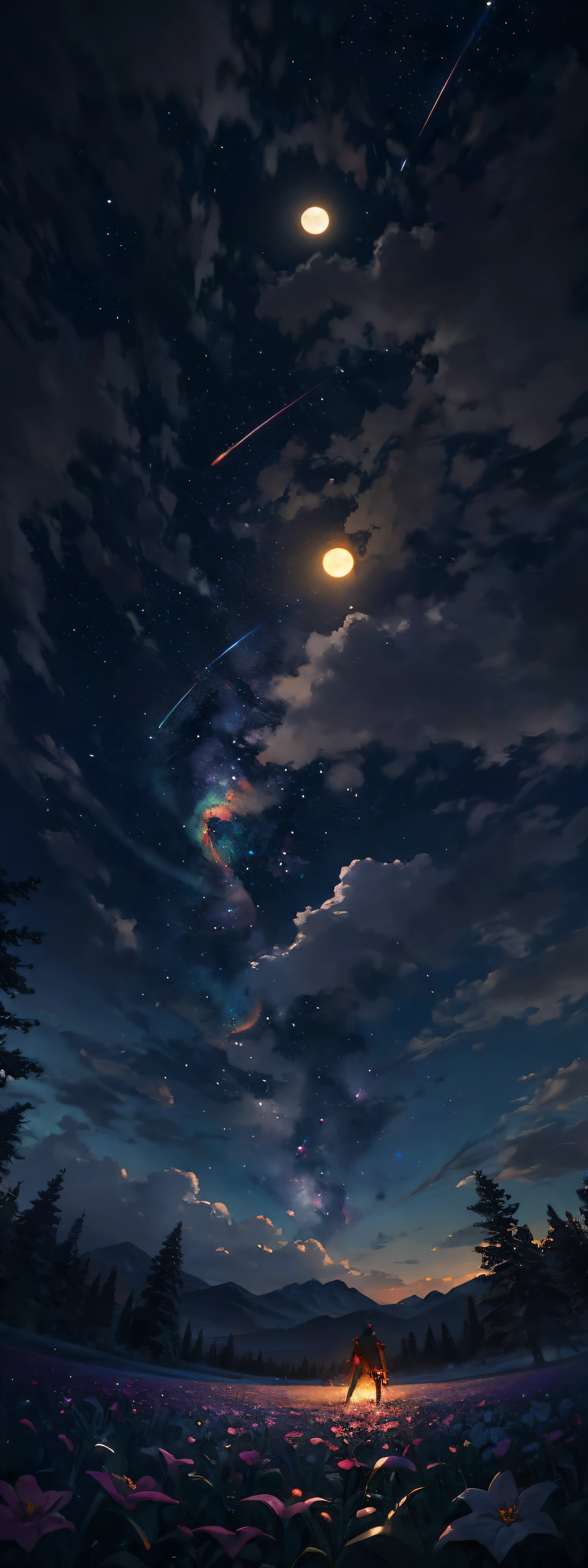 A wide landscape photo, (viewed from below, the sky is above, and the open field is below), a girl standing on a flower field looking up, (full moon: 1.2), (meteor: 0.9), (nebula: 1.3), distant mountains , Trees BREAK Crafting Art, (Warm Light: 1.2), (Firefly: 1.2), Lights, Lots of Purple and Orange, Intricate Details, Volumetric Lighting BREAK (Masterpiece: 1.2), (Best Quality), 4k, Ultra Detailed, (Dynamic Composition: 1.4), Rich in Detail and Color, (Rainbow Color: 1.2), (Glow, Atmospheric Lighting), Dreamy, Magical, (Solo: 1.2)