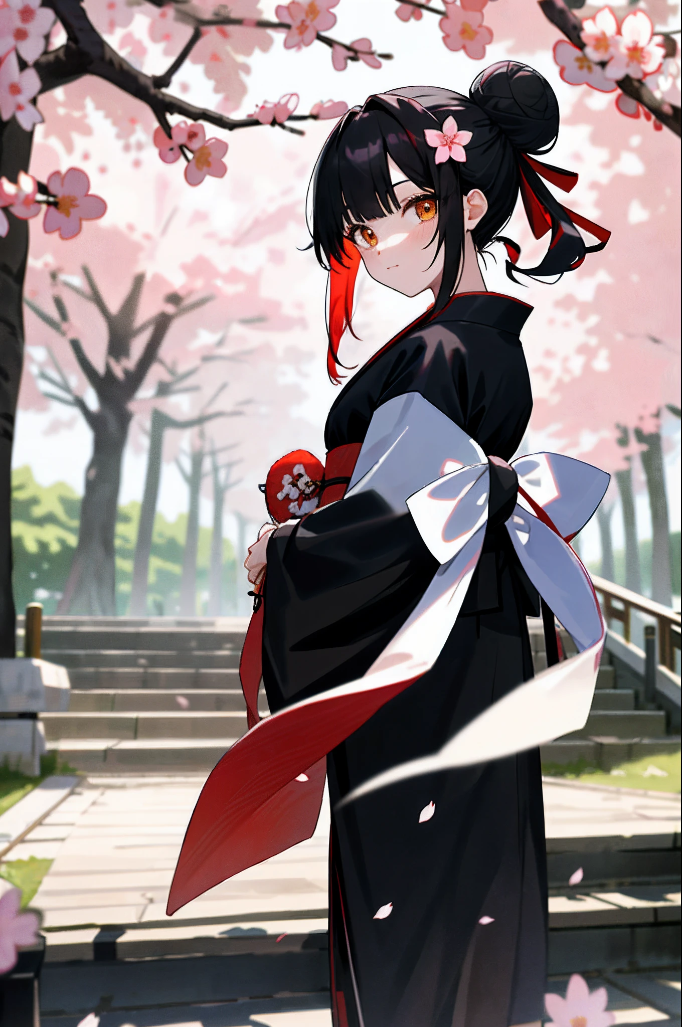 ((masterpiece,best quality)),2girls, black kimono, black legwear, black ribbon, black hair, cherry blossoms, day, flower, hair bun, hair ribbon, japanese clothes, kimono, long hair, looking at viewer, looking back , multiple girls, belts, outdoors, red eyes, red hair, ribbon, sandals, single bun, stairs, standing, statue, torii, tree, white kimono, yellow eyes