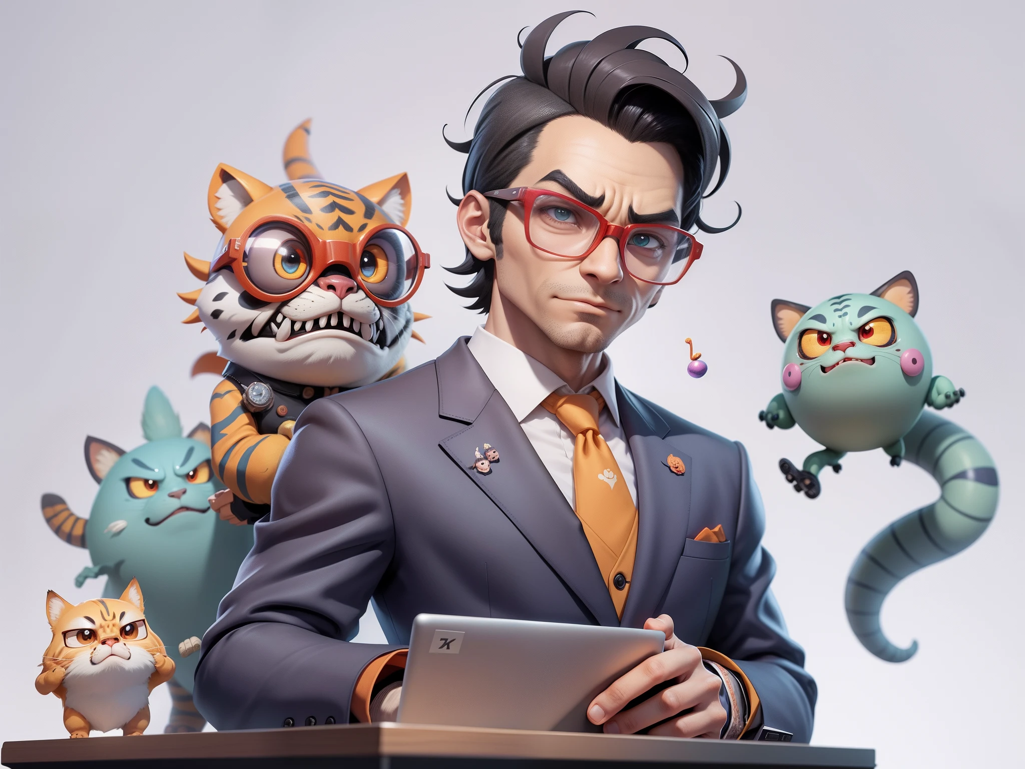 (Masterpiece), (Extreme Quality), (Super Meticulous), (Full Body: 1.2), Super Young Man, Chinese Dragon, Tiger, Wind God Thor, Sexy, Bursting, Oriental Face, TV Anchor, Bust Portrait Illustration, Black Formal Suit, Blue Tie, Slightly Chubby Face, Silver Glasses, Very Clean Face, No Beard on Chin, Black Super Short Hair, Black Eyes, Confident Smile, 3c Computer Sub-Products, iPad, iPhone, Digital Painting, 3D Character Design by Mark Claireden and Pixar and Hayao Miyazaki and Akira Toriyama, The illustration is a high-definition illustration in 4K resolution with very detailed facial features and cartoon-style visuals.