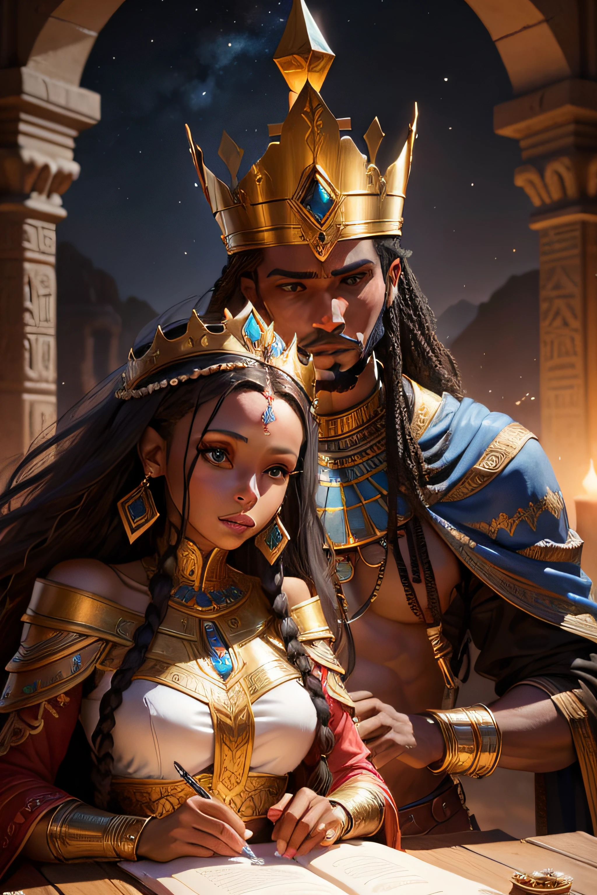 Shared Wisdom: Create an image that portrays Queen Makeda and King Solomo in deep conversation beneath the night sky. Imagine them seated on a terrace, gazing at the stars, as they share stories and insights from their lands, stunning ethiopian queen, egyptian queen, samira from league of legends, epic 3 d oshun, beautiful goddess, alena aenami and artgerm, gorgeous woman, ancient libu queen, ethiopian queen, a beautiful fantasy empress, young goddess together with brown skin man egyptian king, rpg book portrait, a portrait of the character, casimir art, detailed character portrait, character painting, beautiful character painting, beautiful androgynous king, male artificer, stunning character art, charlie bowater character art, portrait of a dnd character