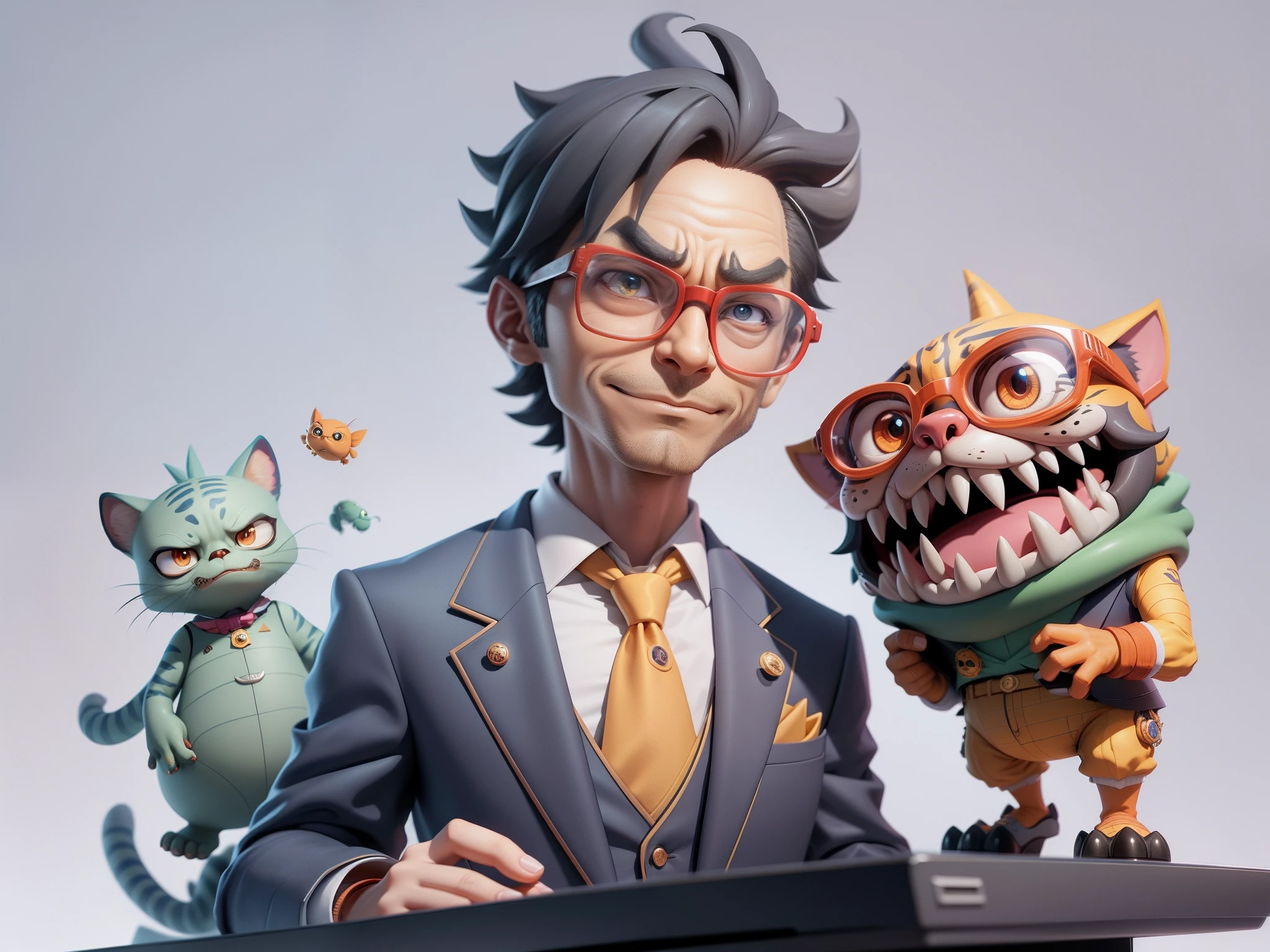A young man in a suit, Short hair and glasses sat at his desk，holding laptop，digitial painting，tigre，3D character design by Mark Clairen and Pixar and Hayao Miyazaki and Akira Toriyama，4K HD illustration，Very detailed facial features and cartoon-style visuals。
