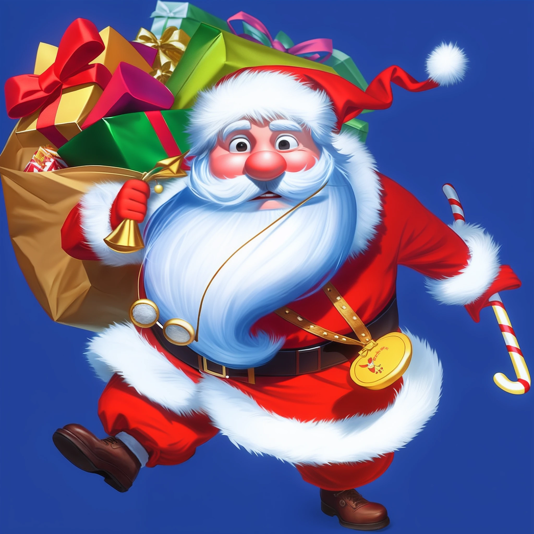 Santa Claus carries a bag of presents and a candy cane, santa, santa, santa, hyper realisitc, festivity, gifts, By senior artists, Grand!, promo image, author:Randy Gallegos, promo art, john park, author:Alexander Giemsky, Christmas, Nicholas, advertisement picture, Official artwork, Awesome, giving gifts to people