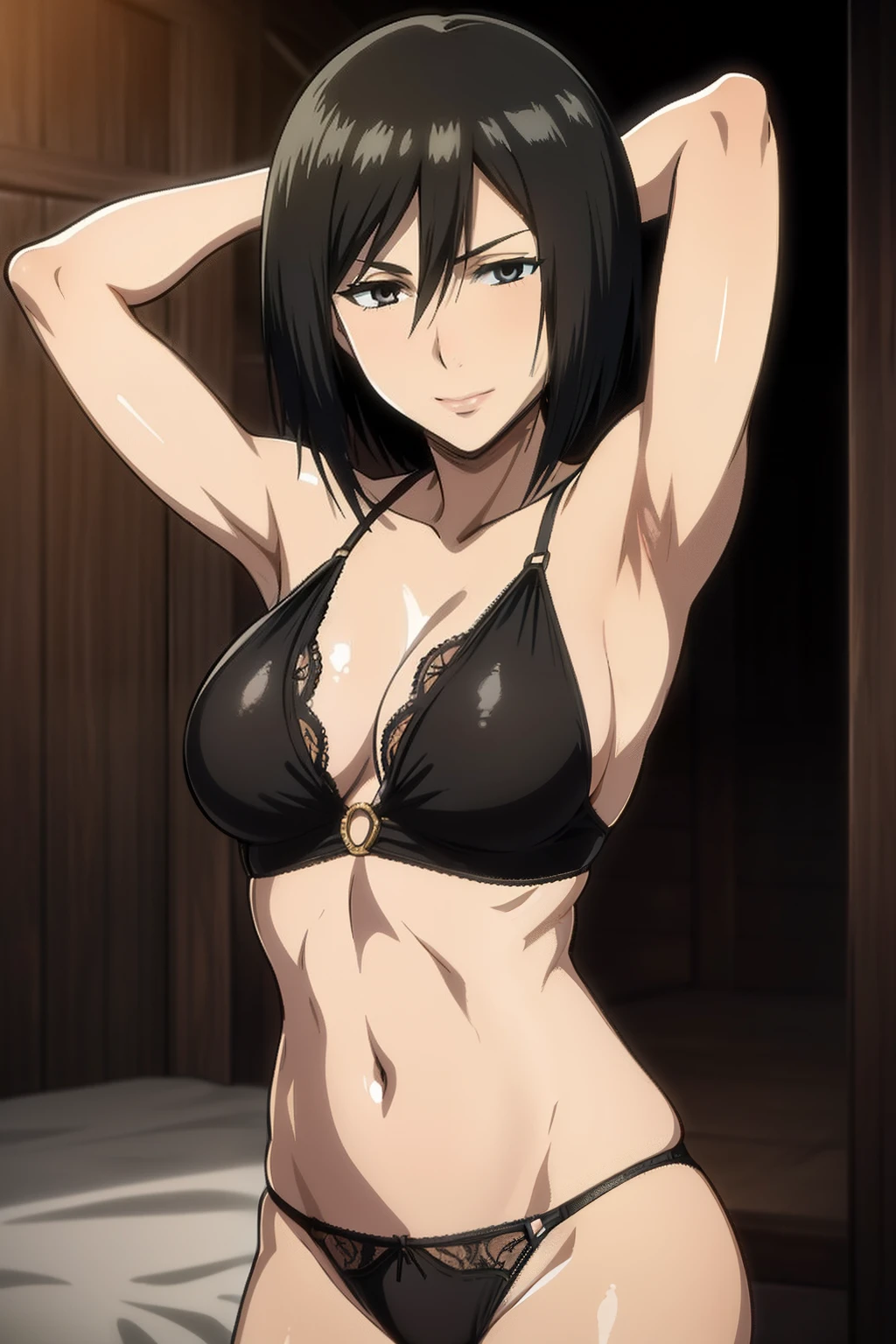 Dazzling, Armpits, intricate detailes, 1girl in, Mikasa Ackerman, (A dark-haired:1.3), hair between eye, short-haired, sideburns, s lips, shut, Yui, s lips, masterpiece, best qualtiy,hason, Baezon, Black eyes,Black eyes, muscle, medium breasts, smil、Black underwear、Lace underwear、Lace erotic underwear figure、arched back