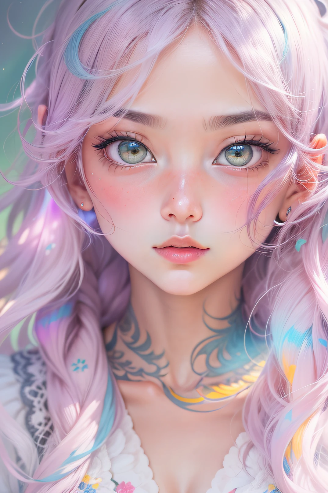 Directly facing the viewer Frontal view Facing forward Woman with beautiful aurora hair, Fantastical, Transparency, Straight ahead, upper body , Facing forward, Beautiful, No background, Straight ahead 、Forward-facing、simple Cute feeling Eyes large prism color straight ahead、Forward-facing、in front、Front Facing Front、Face Up、deadpan