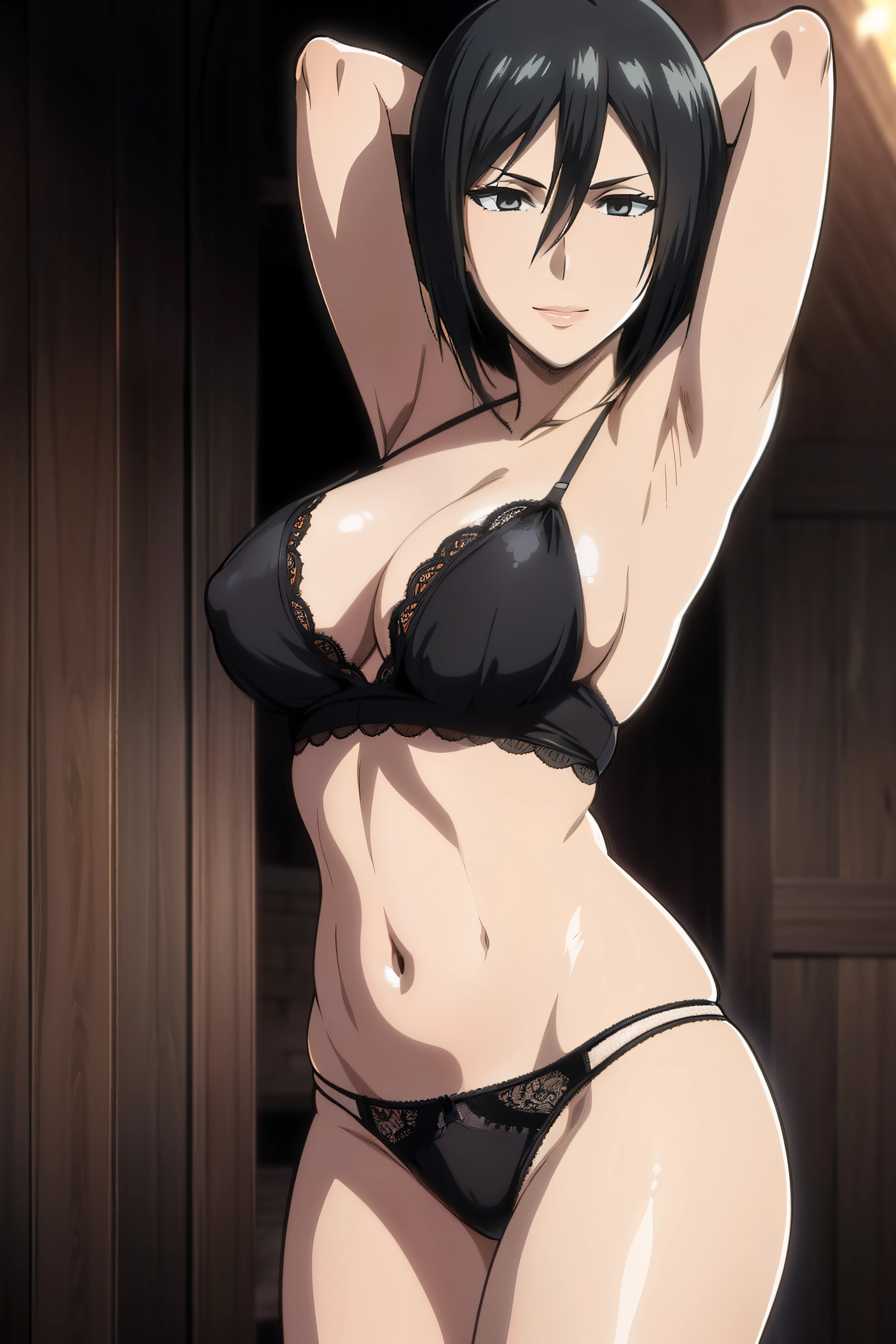 Dazzling, Armpits, intricate detailes, 1girl in, Mikasa Ackerman, (A dark-haired:1.3), hair between eye, short-haired, sideburns, s lips, shut, Yui, s lips, ​masterpiece, best qualtiy,hason, Baezon, Black eyes,Black eyes, muscle, medium breasts, smil、Black underwear、Lace underwear、Lace erotic underwear figure、arched back