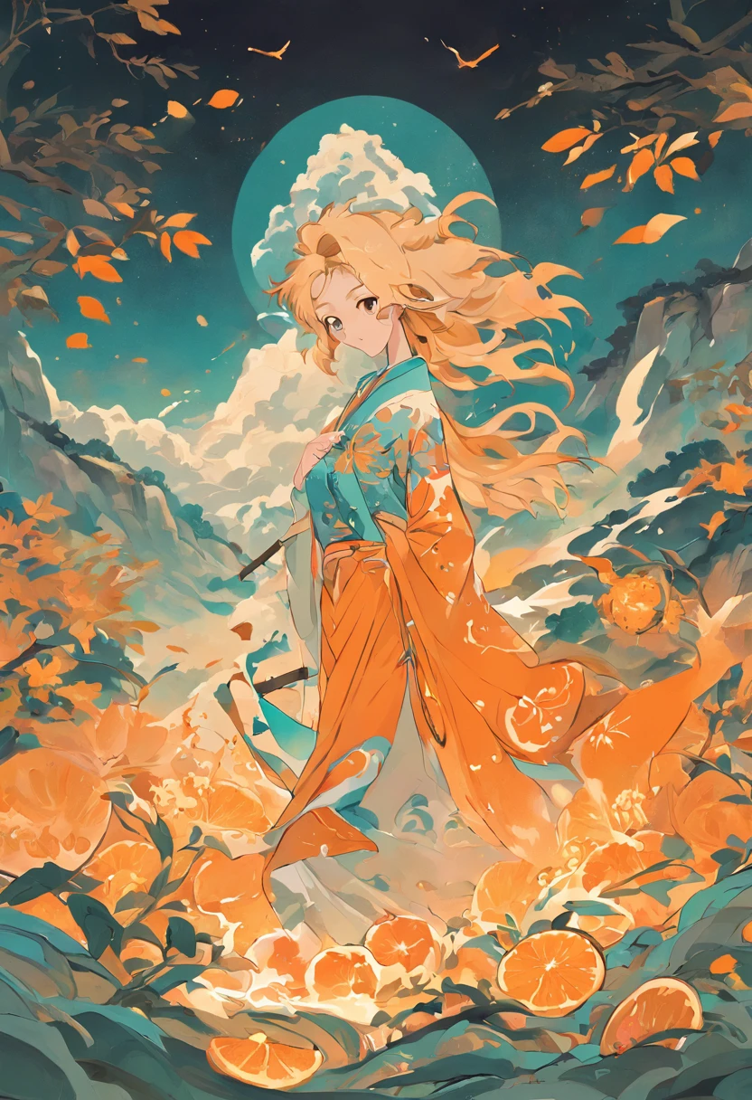 Orange colors，milk tea，Flat illustration style，senior color matching，exquisitedetails，Dunhuang wind，National style，China-style，Landscape painting，Milk tea packaging design