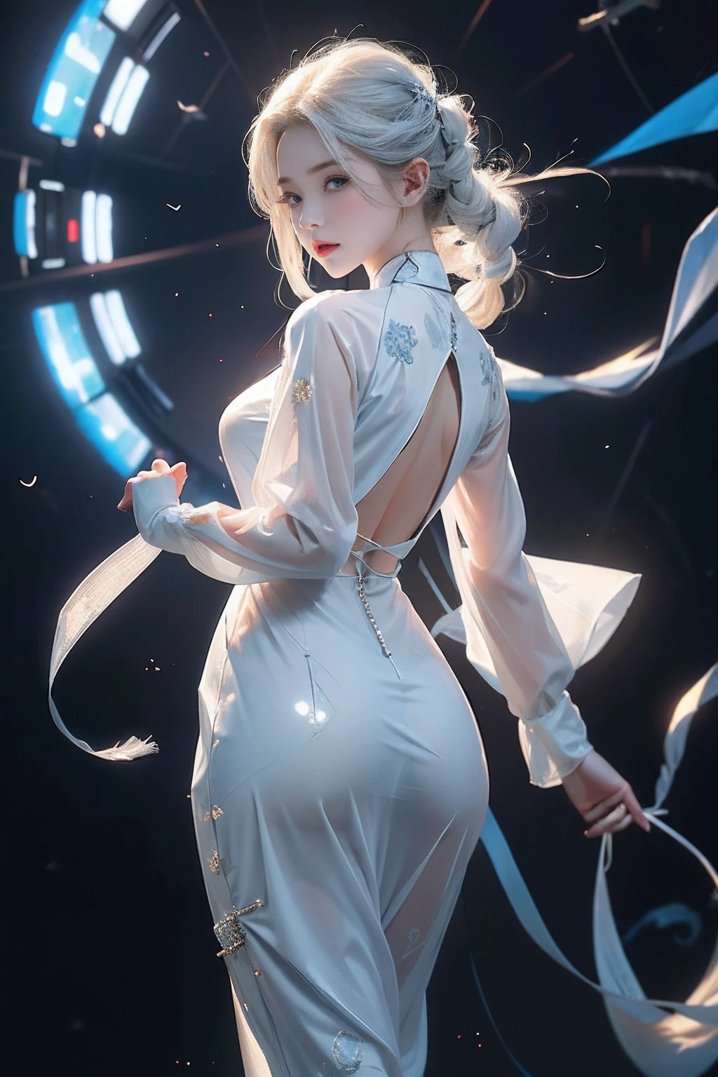 realisticlying, A high resolution, 1 rapariga, White color hair, korean people, eBlue eyes, The transparent cheongsam is flying,Sheer tight-fitting garments,Beads of sweat dripped down the buttocks,Large chest,Wide buttock, your ass,Butt visible,Visible on the back,buttocks visible,Ass pouted,wide wide shot,Cinema lenses,The skin glows,space ship,