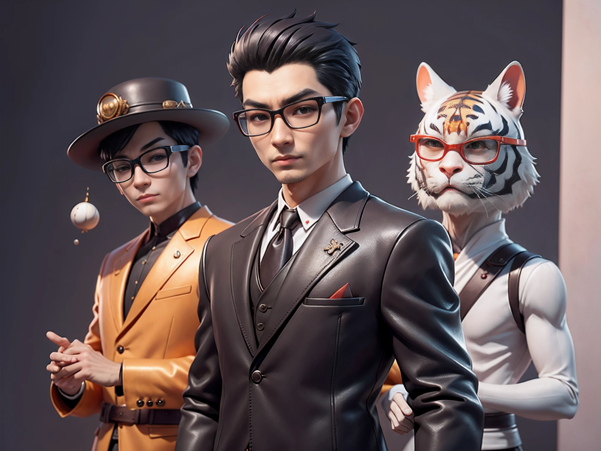 Young man with oriental face in leather hat, tiger, oriental face in formal suit, short black hair, silver glasses, digital painting, 3D character design by Mark Clairedon and Pixar and Hayao Miyazaki and Akira Toriyama, the illustration is a high-definition illustration in 4K resolution with very detailed facial features and cartoon-style visuals.