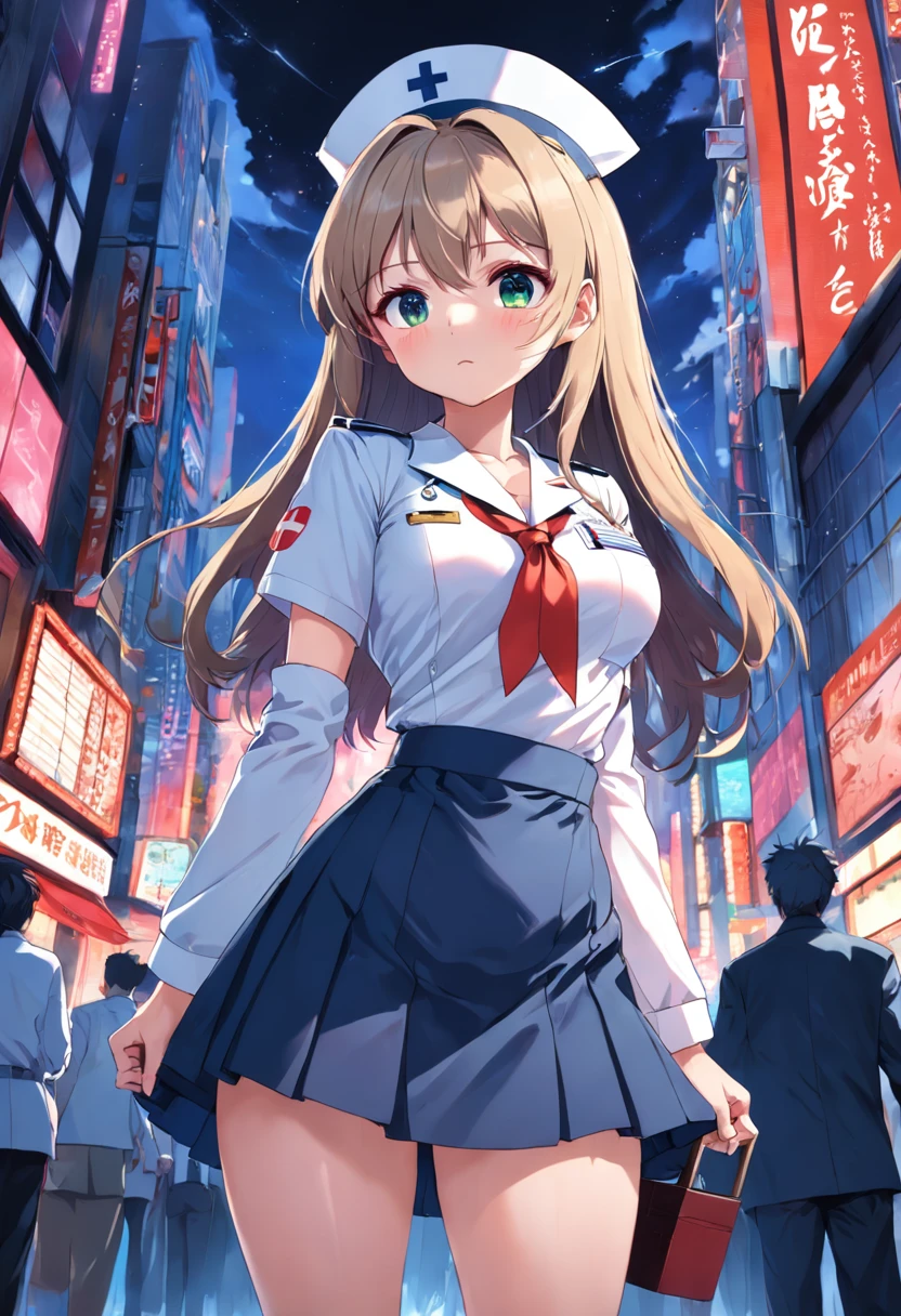 Anime girl in uniform standing in a city street with people - SeaArt AI