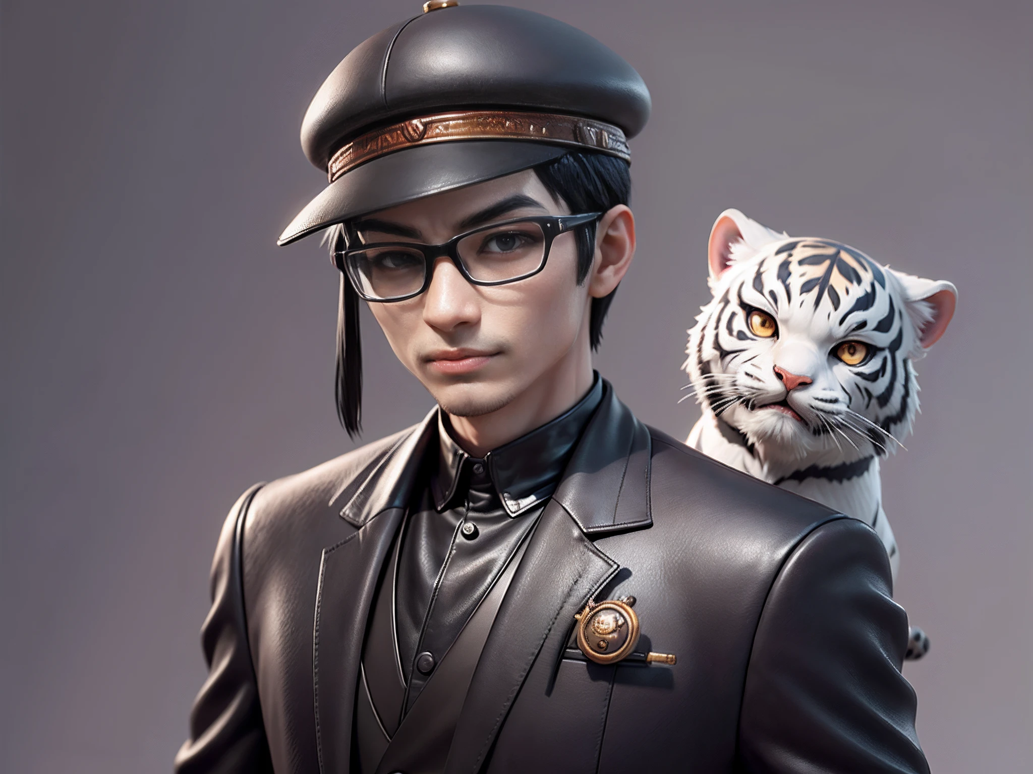 Young man with oriental face in leather hat, tiger, oriental face in formal suit, short black hair, silver glasses, digital painting, 3D character design by Mark Clairedon and Pixar and Hayao Miyazaki and Akira Toriyama, the illustration is a high-definition illustration in 4K resolution with very detailed facial features and cartoon-style visuals.