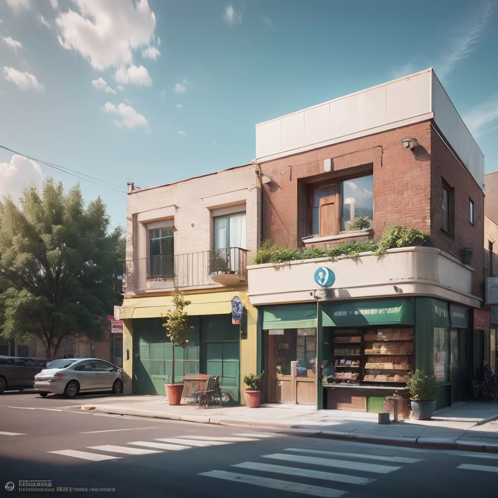 ultra realistic photo, exterior design,architectural visualization, modern house, a photorealistic rendering, at the corner of the street, The lower floor is a shop, the upper floor is residential, Daylight, 11:00 am, sunlight, sidewalk, road --auto --s2