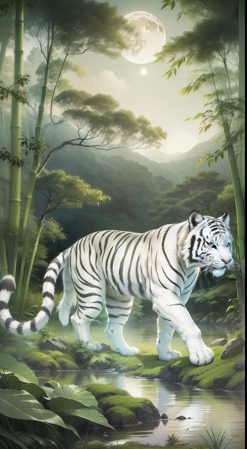 Clear Moon、Gentle breeze、Quiet moonlit night,calm and serene atmosphere,Evening reflection,Panoramic view,in bamboo forest,Surreal soothing,Nature,Harmony White Tiger,mythological beasts。