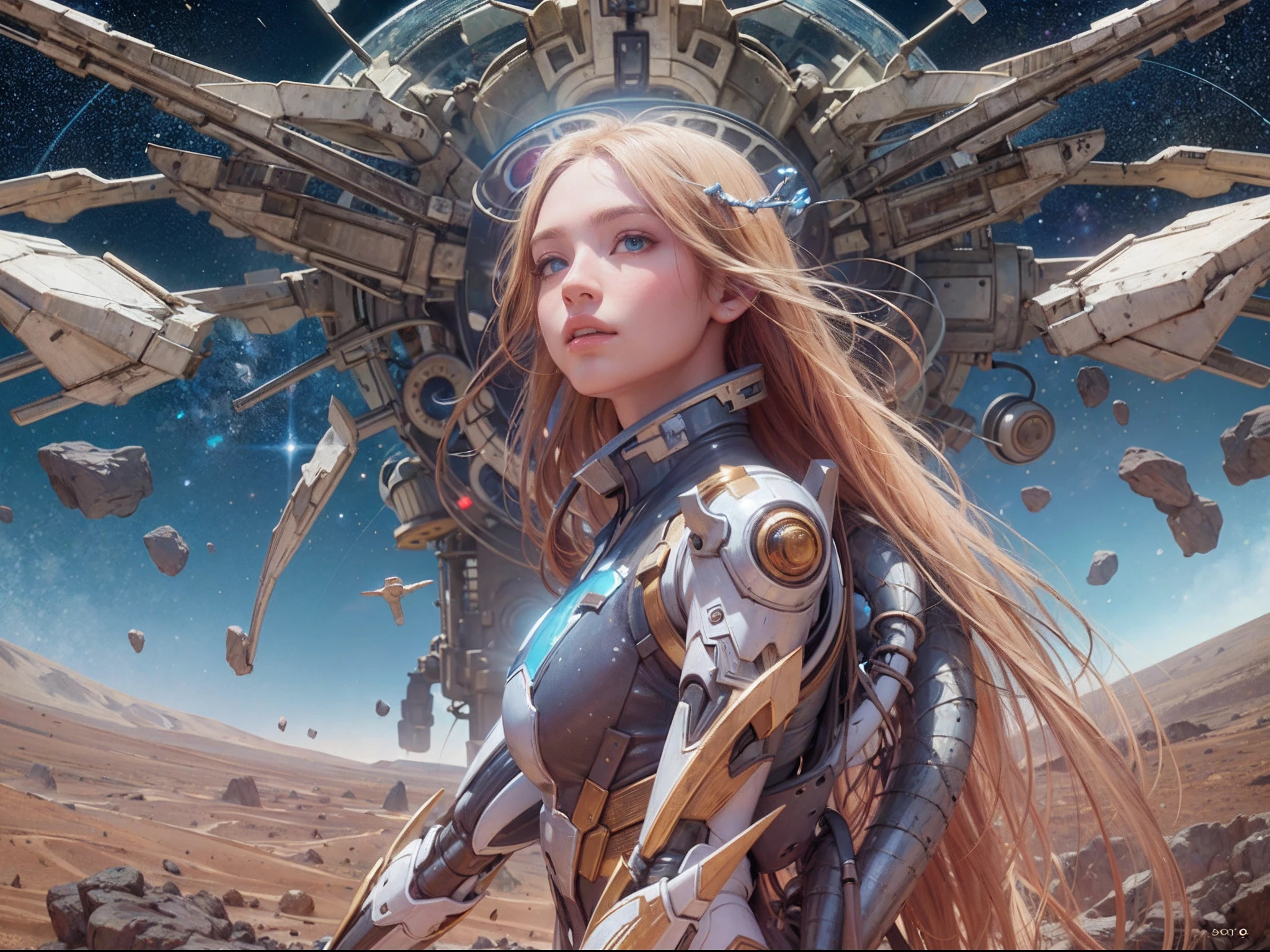 there is an illustration of a fairy with mecha parts fairy_wings floating on Mars planet looking into space seeing the vast of stars and space, full body shot,  blond hair, long hair, blue eyes, ultra detailed face, space and stars as background, sense of infinity, Ultra-Wide Angle, high detail, award winning, best quality, HD, 16K, high details, best quality, highres, ultra wide angle, photorealistic, ultra realistic [[anatomically correct]], high details, best quality, 16k, [ultra detailed], masterpiece, best quality, (extremely detailed), ultra wide shot, photorealistic,