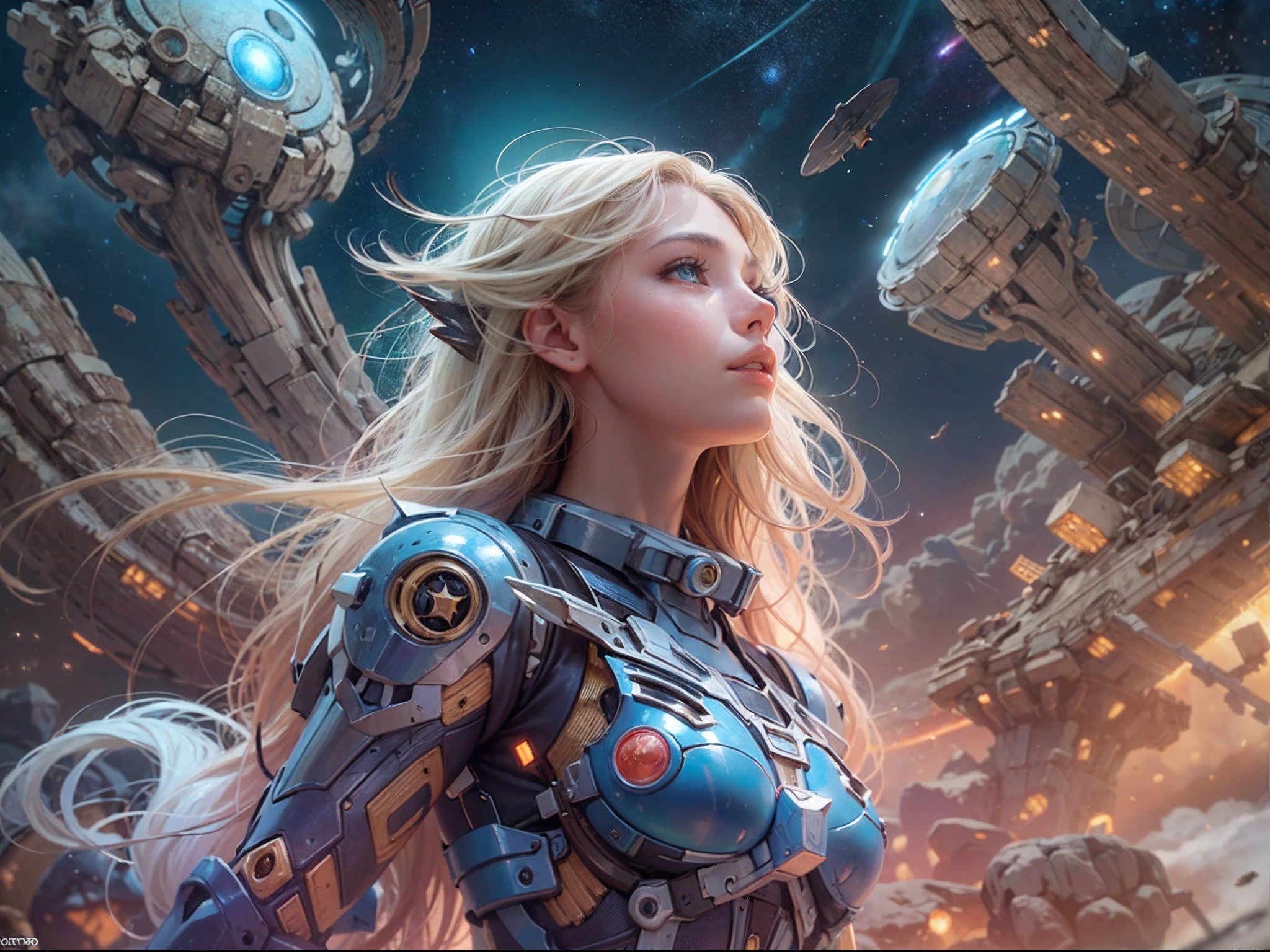 there is an illustration of a fairy with mecha parts fairy_wings floating on Mars planet looking into space seeing the vast of stars and space, full body shot,  blond hair, long hair, blue eyes, ultra detailed face, space and stars as background, sense of infinity, Ultra-Wide Angle, high detail, award winning, best quality, HD, 16K, high details, best quality, highres, ultra wide angle, photorealistic, ultra realistic [[anatomically correct]], high details, best quality, 16k, [ultra detailed], masterpiece, best quality, (extremely detailed), ultra wide shot, photorealistic,