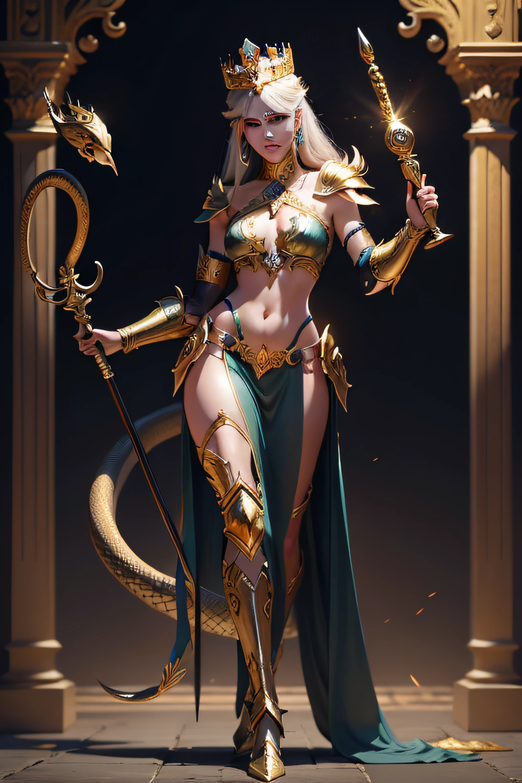 Anthropomorphic snake god holding a scepter，For women，Wears a golden crown on his head，Delicate face，Wearing revealing leather armor，Full body photo，k hd