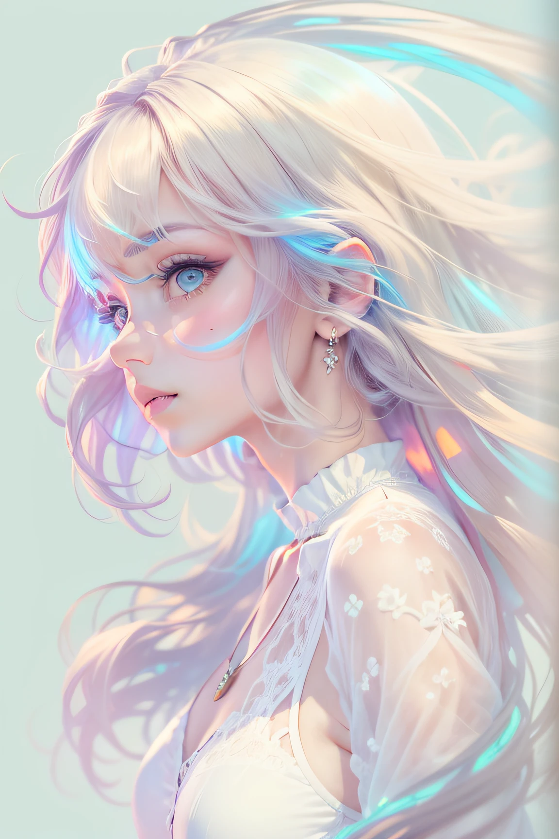 Woman with beautiful aurora hair, Mechanical and principle, Transparency, Straight ahead, Upper body, Facing forward, Beautiful, No background, Straight ahead simple Cute feeling Eyes large and prism colored