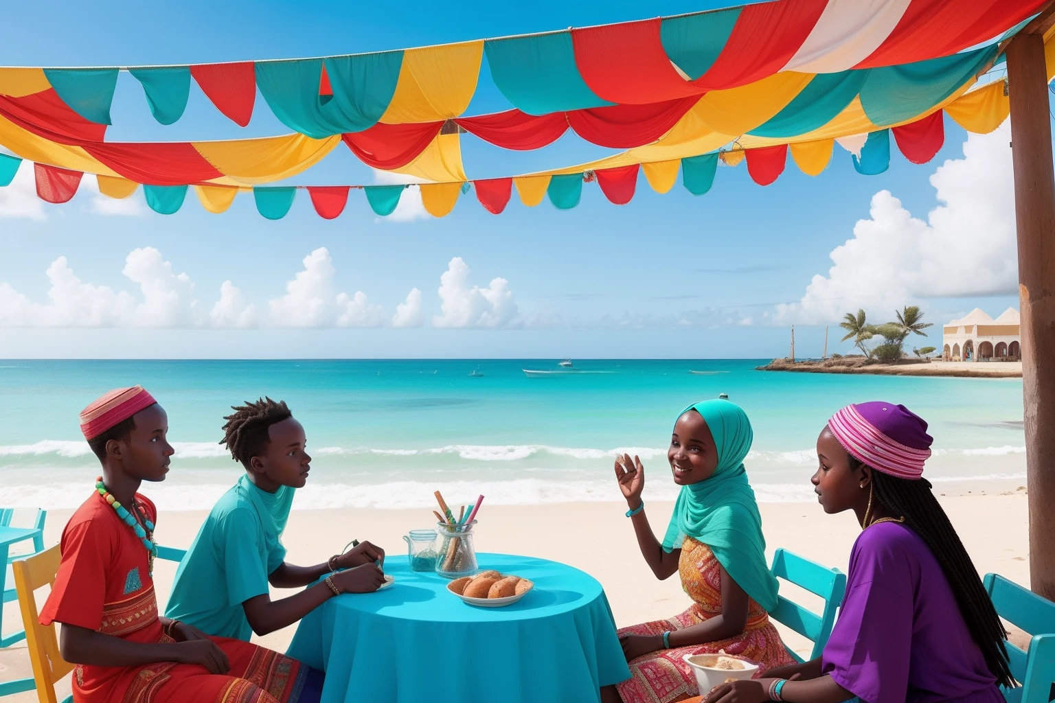 Year: 2022
Country: Somalia
Description: In a vibrant coastal town, a group of agers dressed in colorful traditional clothing gather at a seaside cafe. They're engaged in a lively discussion, surrounded by quirky decor and overlooking the turquoise waters. The atmosphere is a mix of youthful energy and cultural appreciation.