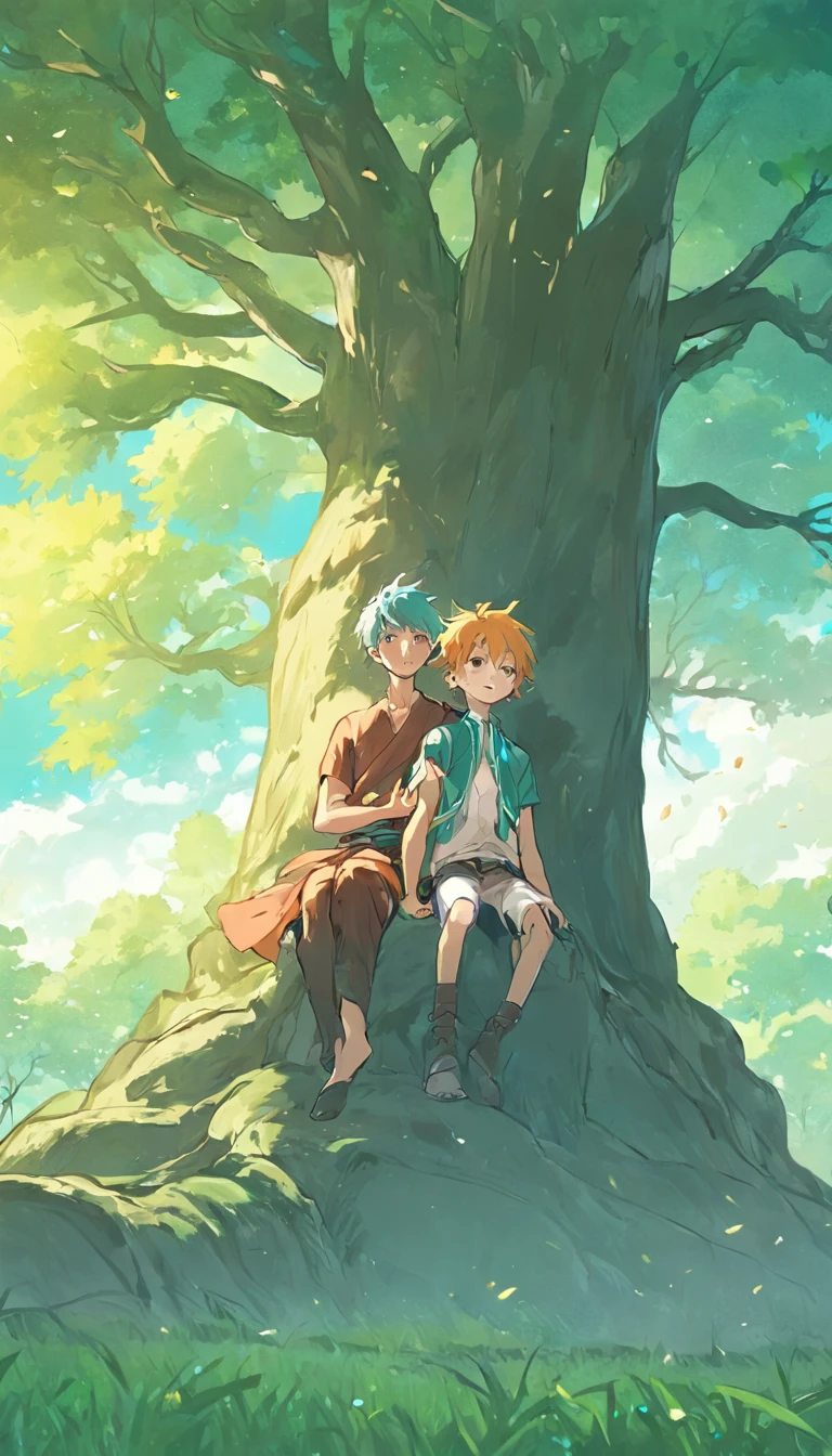 There is a towering tree on the steppe,Under the tree is a father with his son sitting on his shoulder,The little boy wears a sky-blue cap