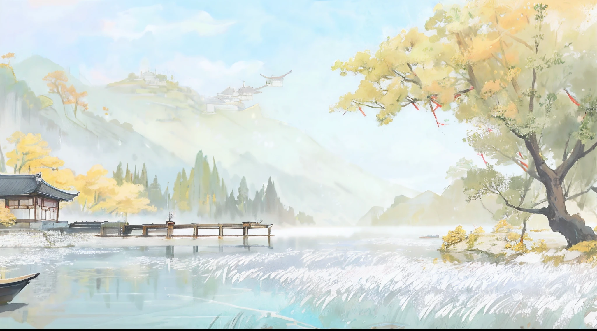 ultraclear,Need,Ultra clear scenery,There is a painting of a boat on the lake,In the background is a pagoda, background artwork, arte de fundo, Detailed scenery —width 672, landscape artwork, inspired by Makoto Shinkai, inspired by Ryōhei Koiso, Anime landscape, serene post-nuclear background,, anime countryside landscape, serene illustration, peaceful scenery, inspired by Josetsu